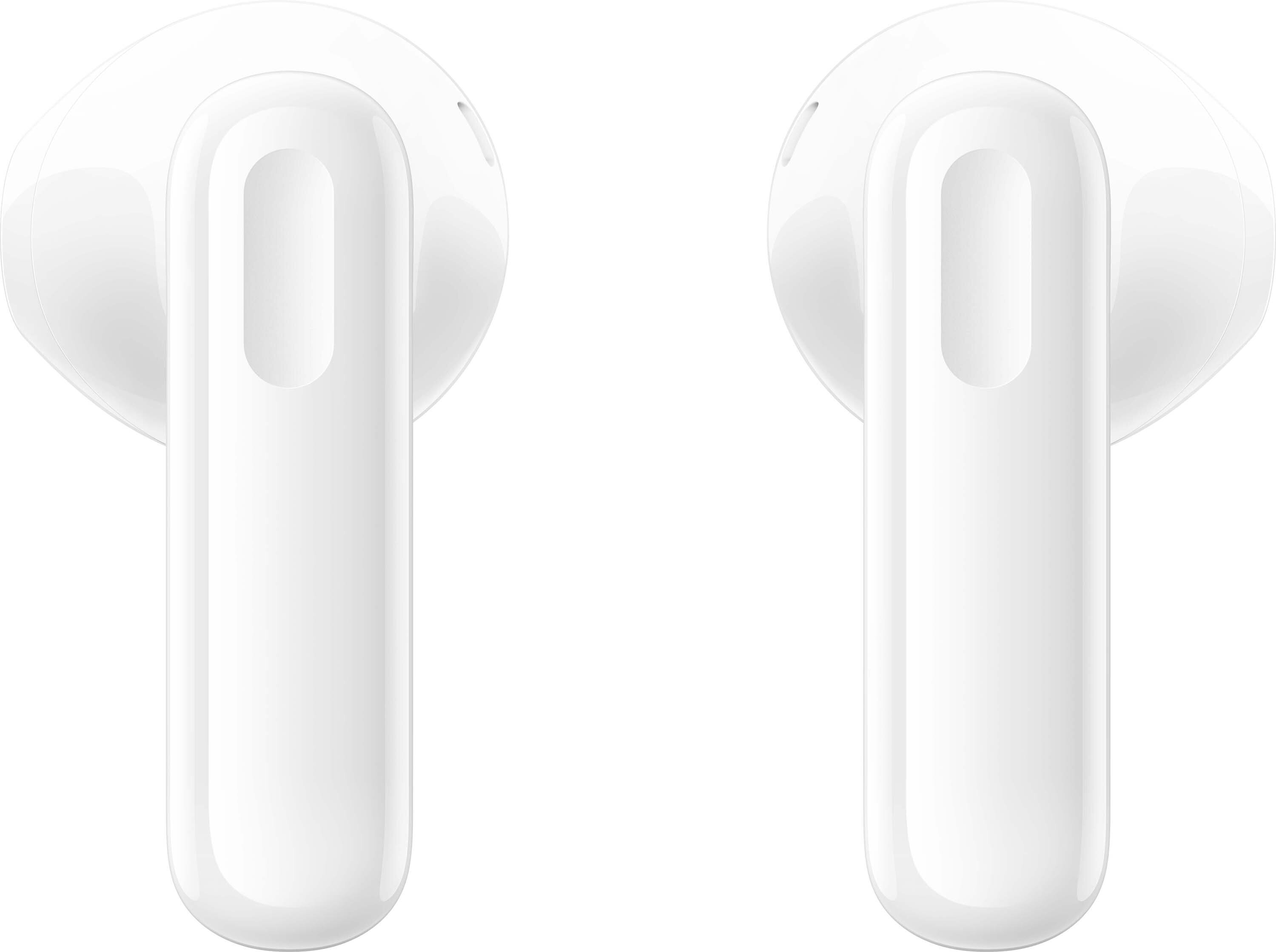 Dwa białe słuchawki. Każda ma trzon i zaokrągloną górę na białym tle.