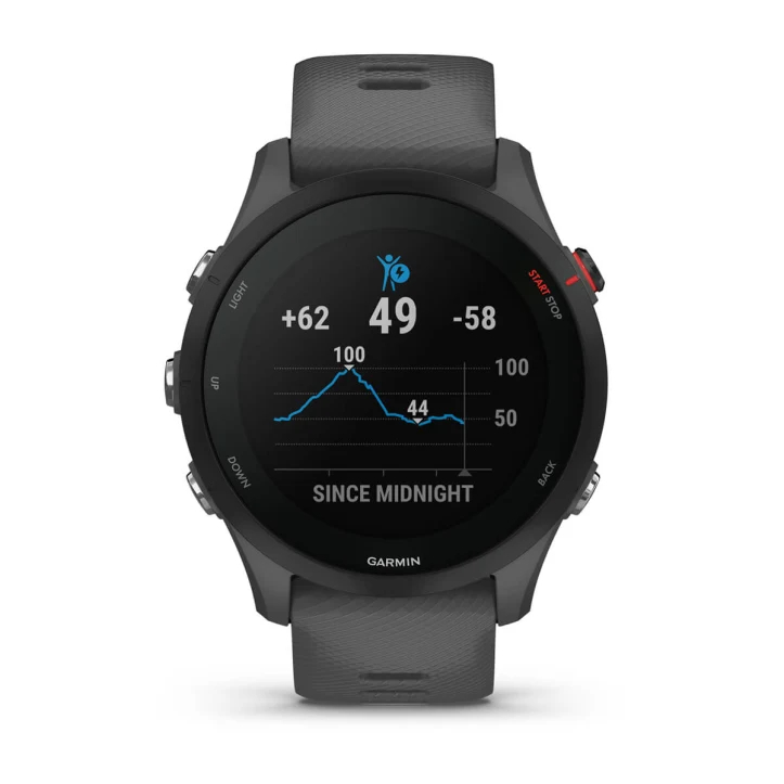 Un reloj inteligente Garmin negro muestra métricas. Muestra un gráfico, números y el texto 'SINCE MIDNIGHT'. El botón de inicio/parada es rojo.