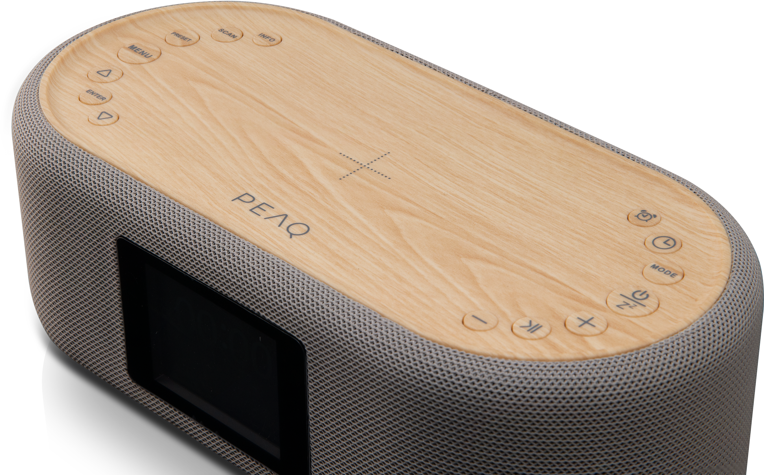 Głośnik z drewnianym blatem, przyciskami i ekranem. Boki są z szarej siatki. Tło jest czarne.