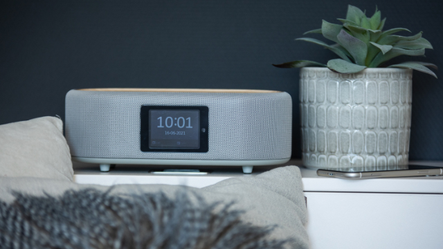 Szary głośnik z cyfrowym zegarem wyświetlającym 10:01. Obecna jest również roślina w szarej doniczce, telefon i poduszki.