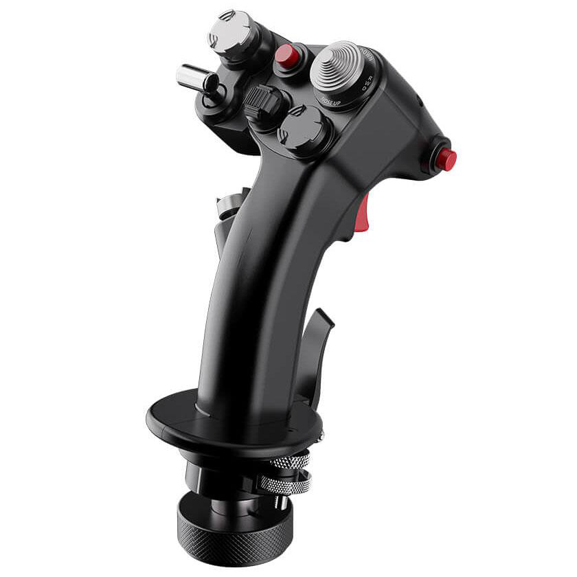Schwarzer Joystick mit silbernen Knöpfen und roten Akzenten. Mit Griff, mehreren Knöpfen und einem Auslöser. Isoliert auf weißem Hintergrund.