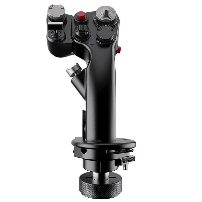Ein schwarzer Flight Stick mit Knöpfen und Bedienelementen. Er hat eine Basis mit Einstellungen und einen Griff mit verschiedenen Knöpfen.