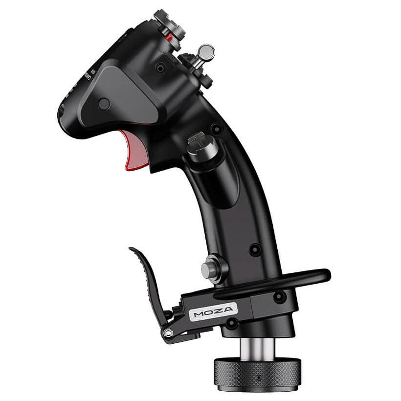 Schwarzer MOZA-Flug-Joystick mit rotem Auslöser. Es hat Knöpfe und einen Griff mit dem MOZA-Logo. Die Basis ist silber.