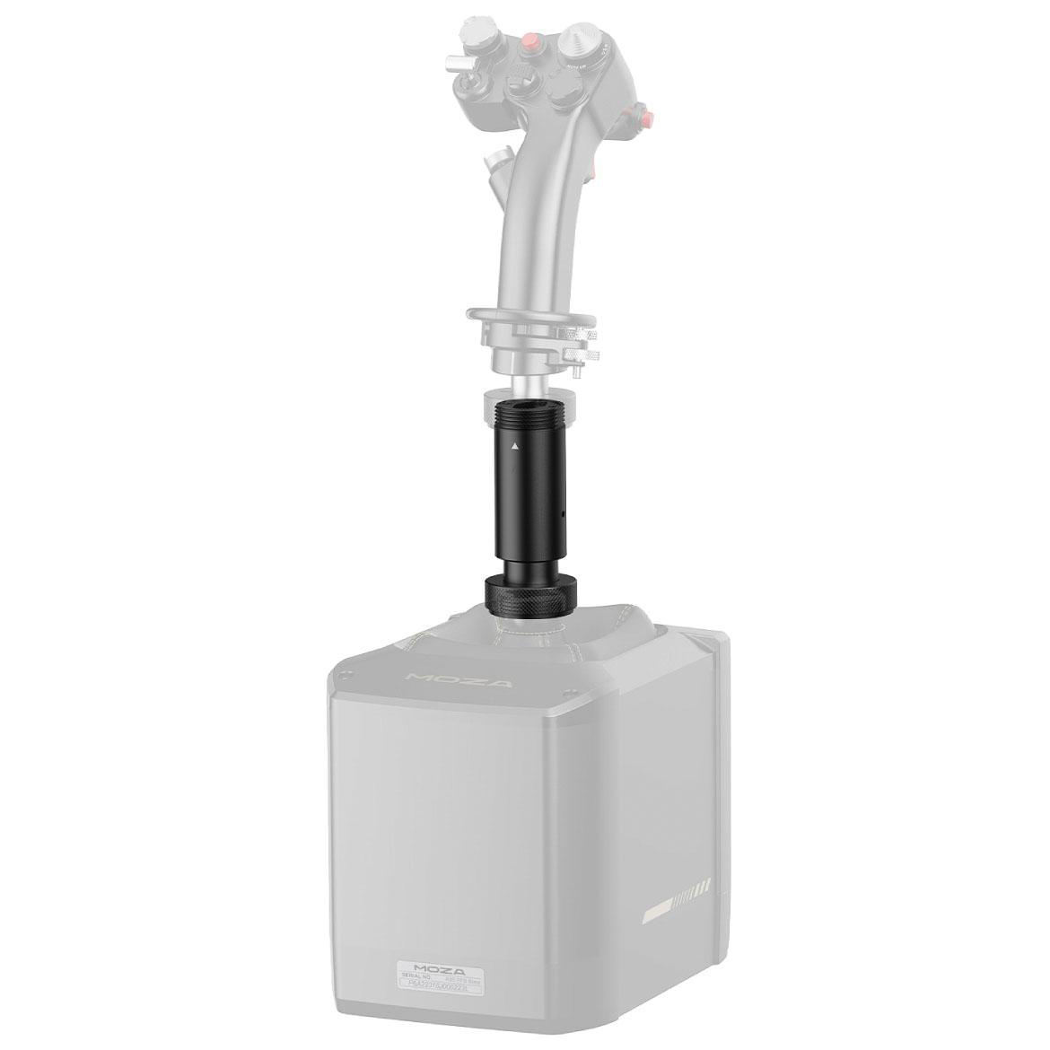 Ein zerlegter Flugsimulator-Joystick. Ein schwarzes zylindrisches Teil verbindet die Basis und den Knüppel. Das MOZA-Logo ist sichtbar.