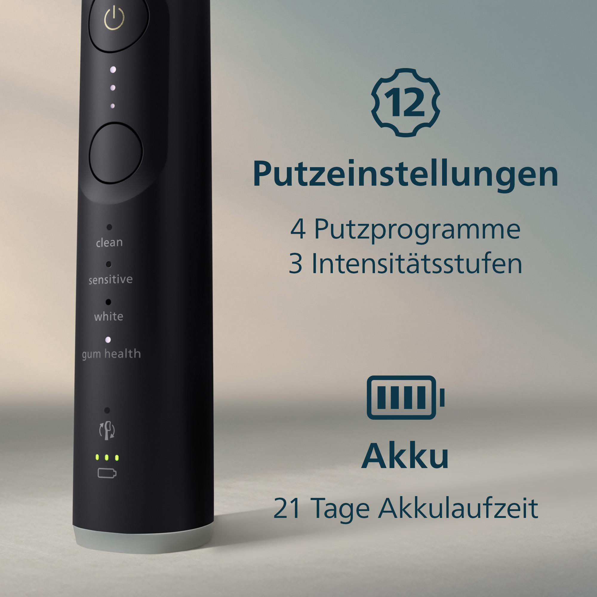 Schwarze elektrische Zahnbürste mit Einstellungen: sauber, empfindlich, weiß und Zahnfleischgesundheit. Zeigt Akkulaufzeit und Programme.
