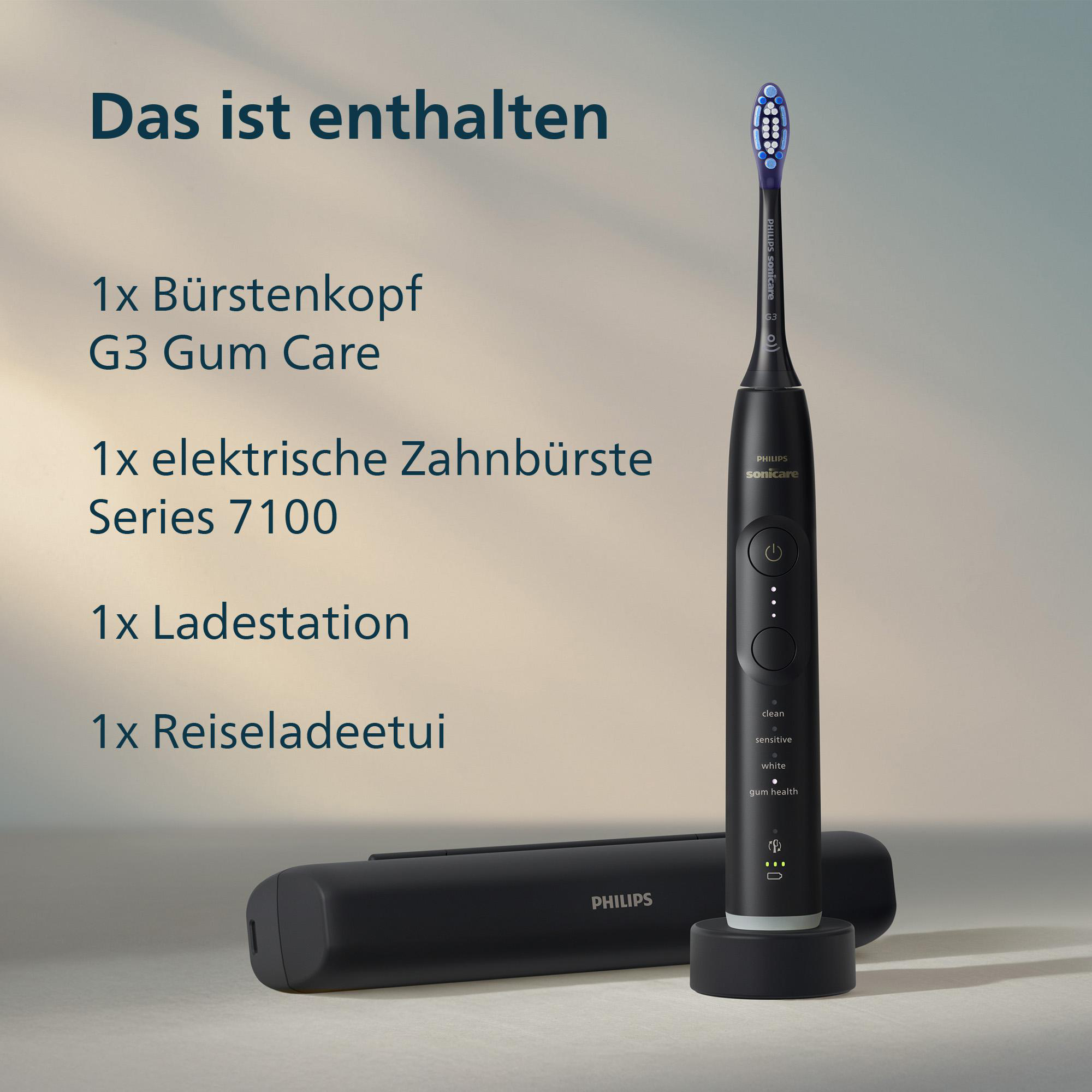 Das Bild zeigt eine elektrische Zahnbürste, ein Ladegerät, eine Reisetasche und Text, die die enthaltenen Artikel auflistet.