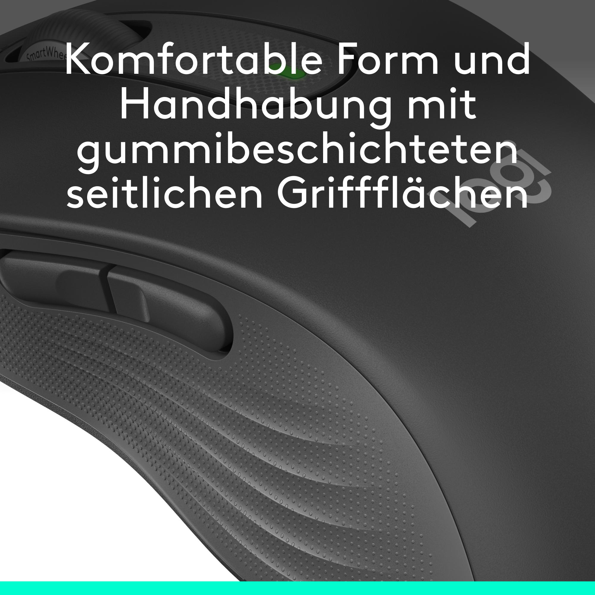 Nahaufnahme einer schwarzen Computermaus mit Seitentasten und strukturierter Grifffläche. Text: Komfortable Form und Handhabung.