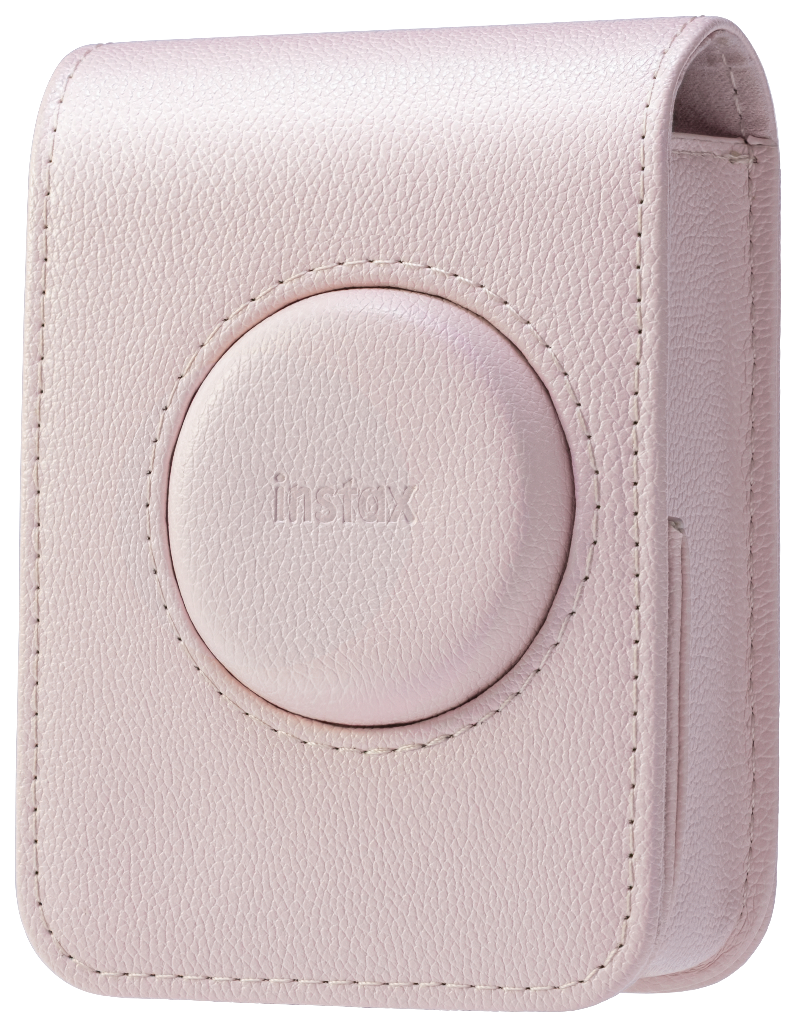 Eine hellrosa Lederhülle für eine Instax-Kamera. Sie hat eine runde Vertiefung mit dem Markennamen darauf.