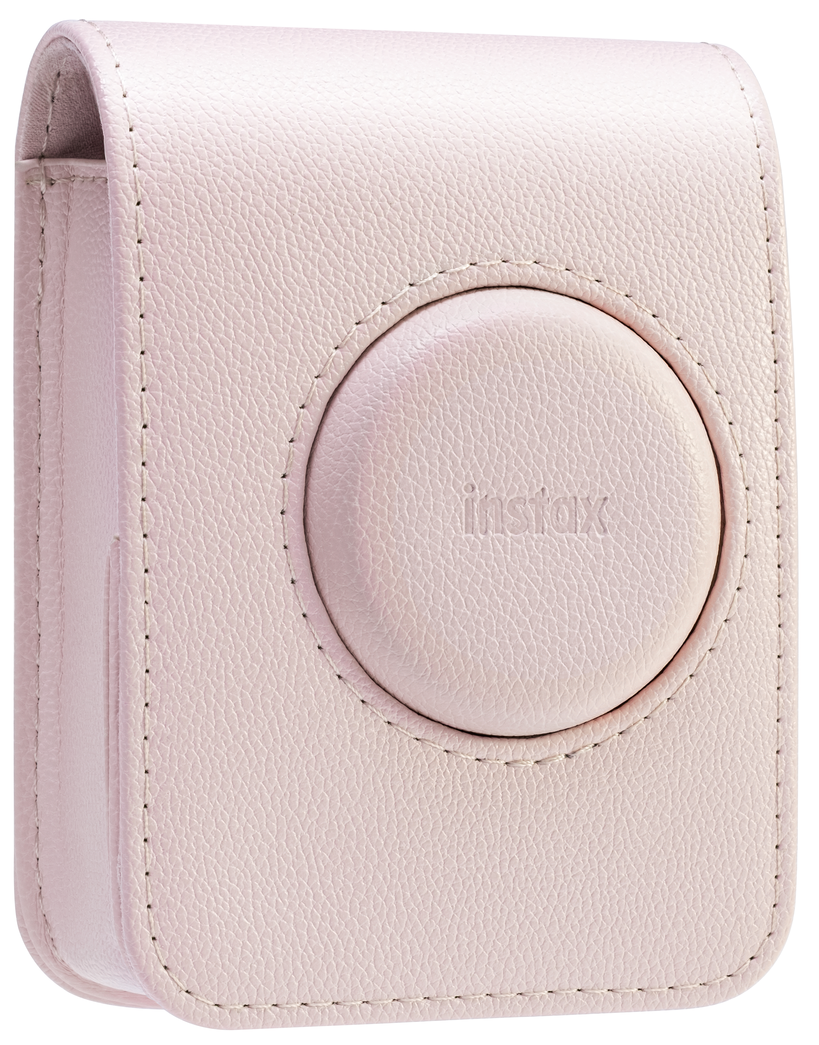 Eine hellrosa Lederhülle für eine Instax-Kamera. Die Hülle hat eine abgerundete Form mit einem kreisförmigen Detail.