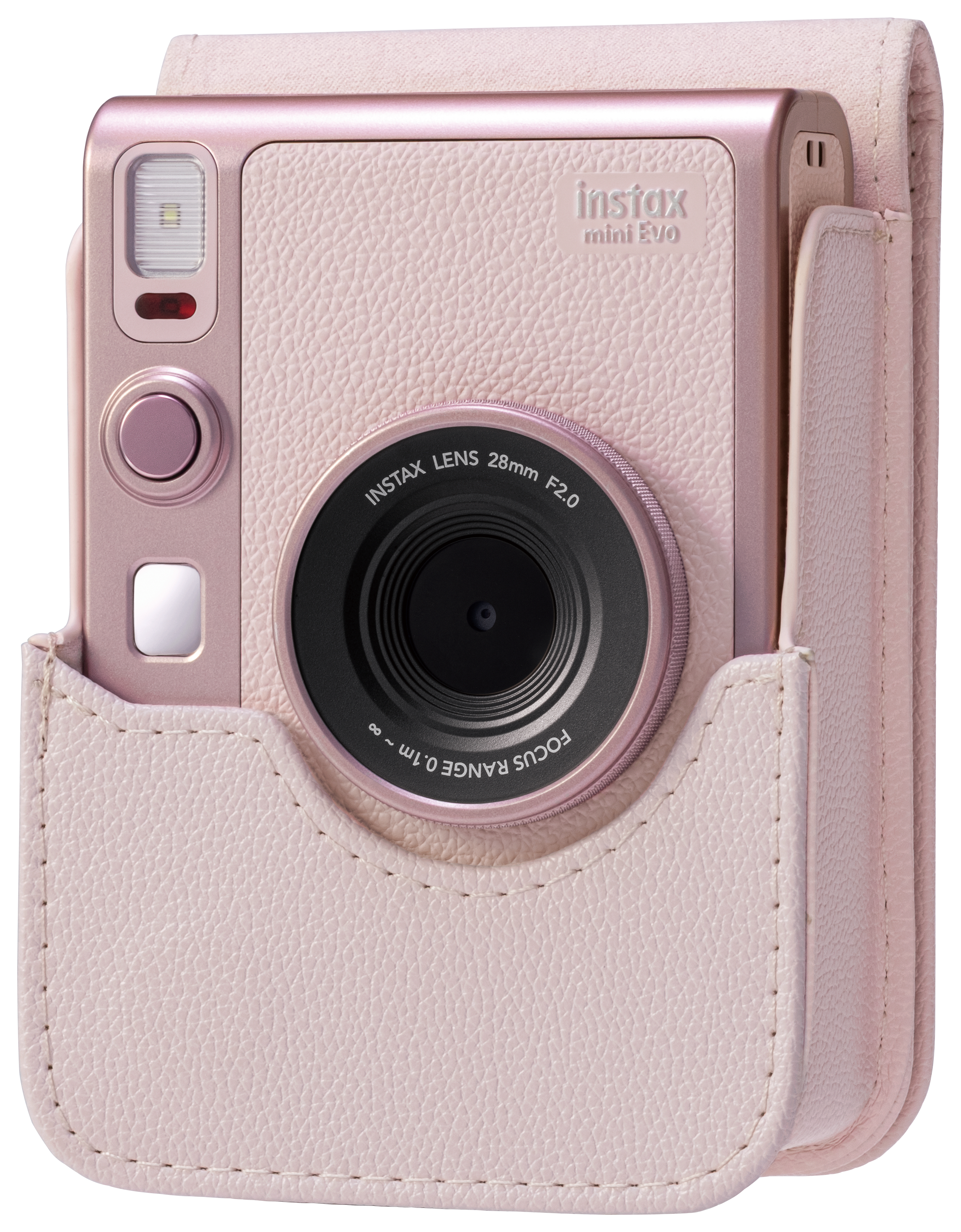 Rosa Instax Mini Evo Kamera in einer rosa Hülle. Kamera hat ein Objektiv und einen Blitz. Die Hülle scheint aus Leder zu sein.