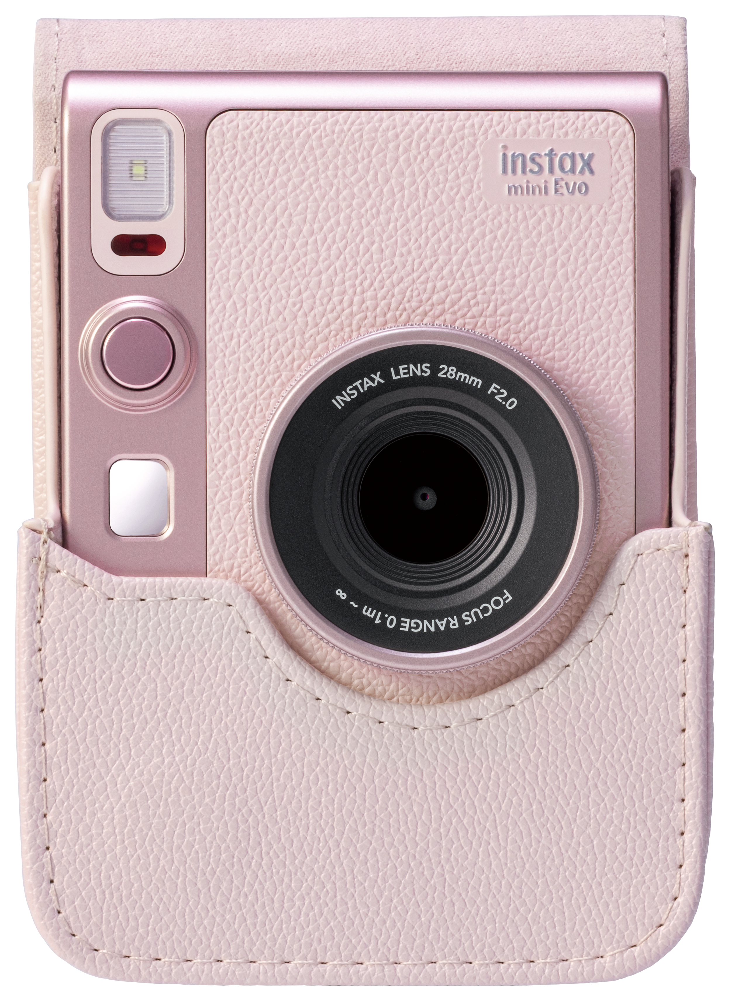 Rosa Instax Mini Evo Kamera in einer Hülle. Mit Objektiv, Blitz und Knöpfen. Kamera ist zentriert.