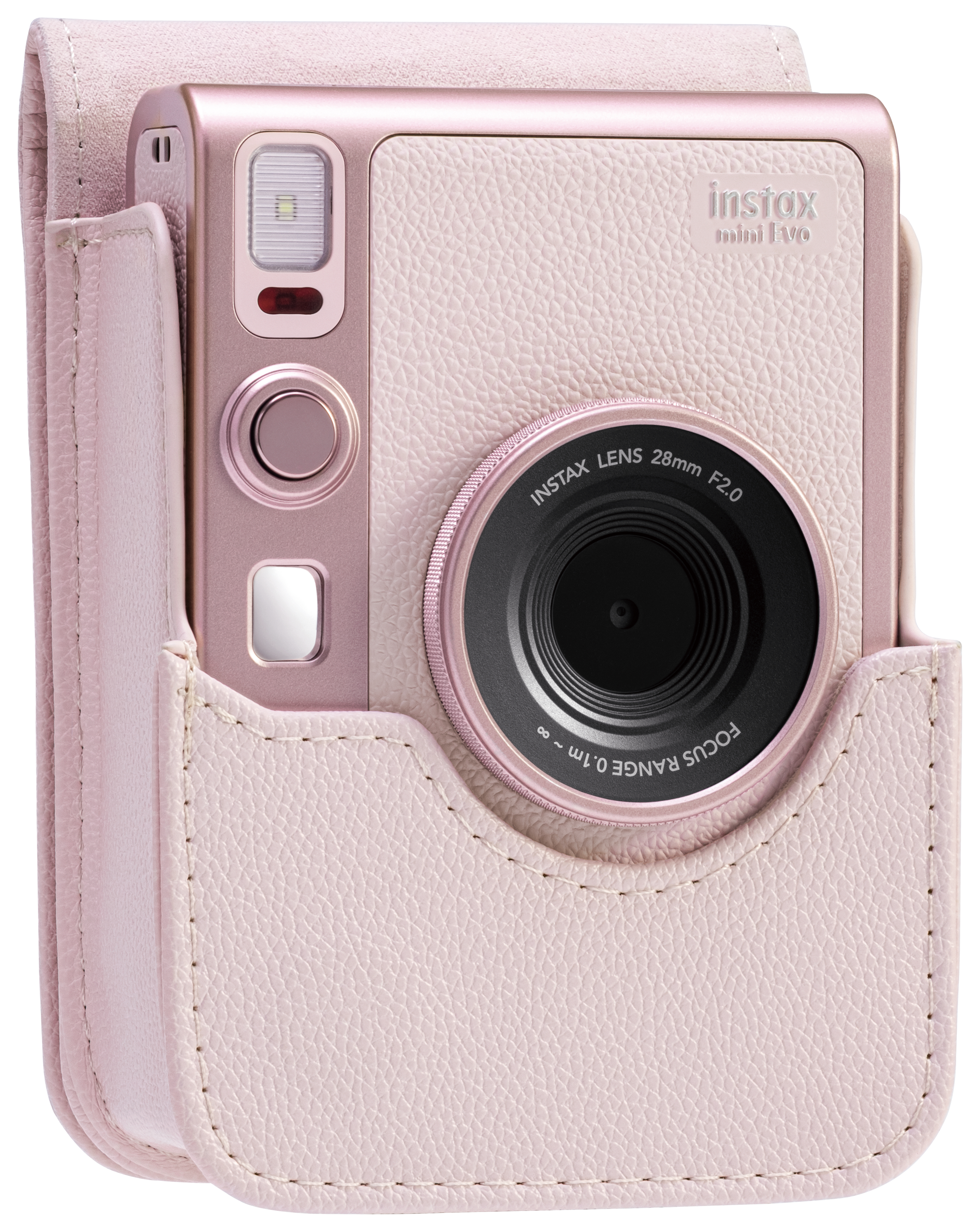 Rosa Instax Mini Evo Kamera in passendem Etui. Das Objektiv ist schwarz. Das Etui ist lederartig.