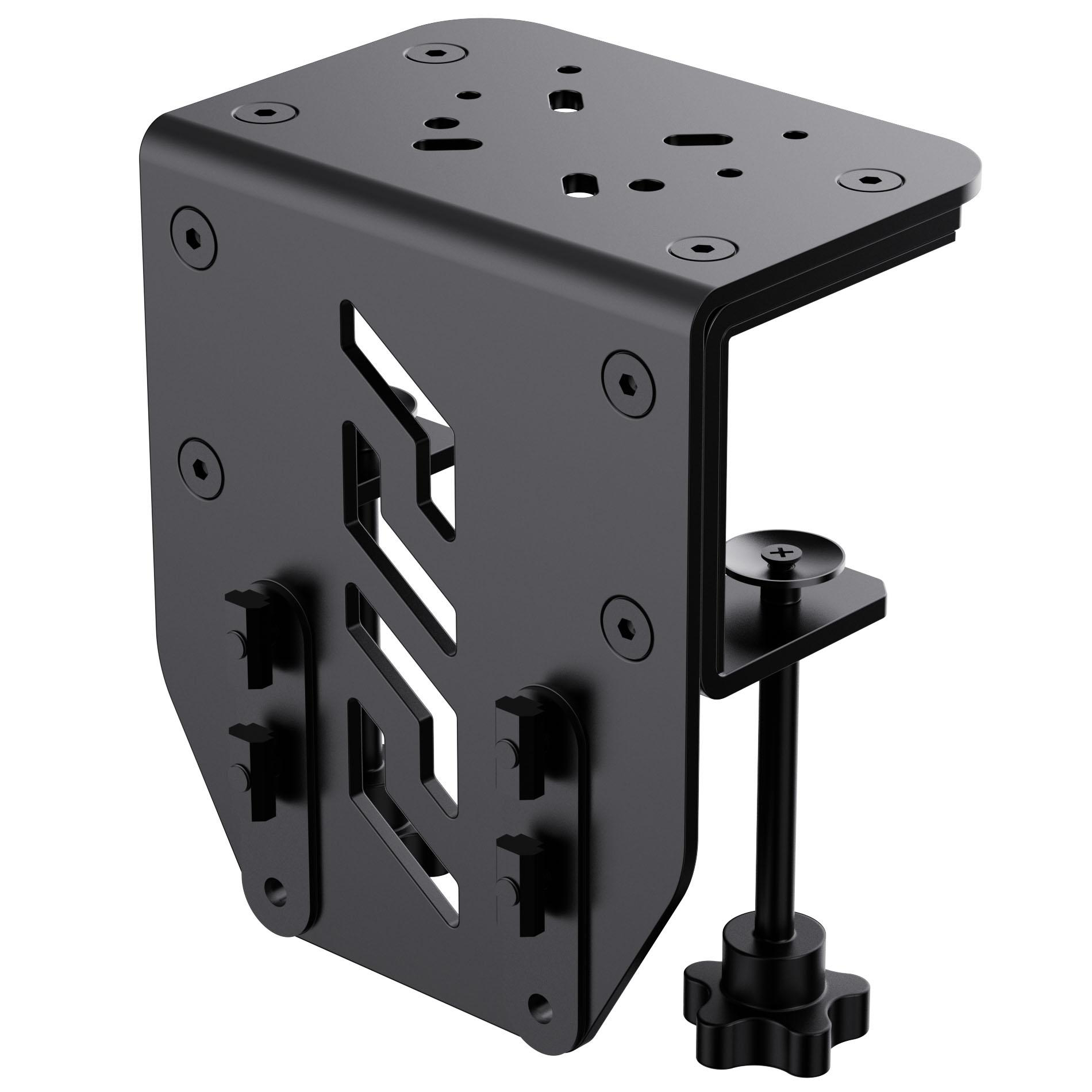Schwarze Metallhalterung mit Befestigungslöchern, Aussparungen und einer Klemme mit sternförmigem Knopf.