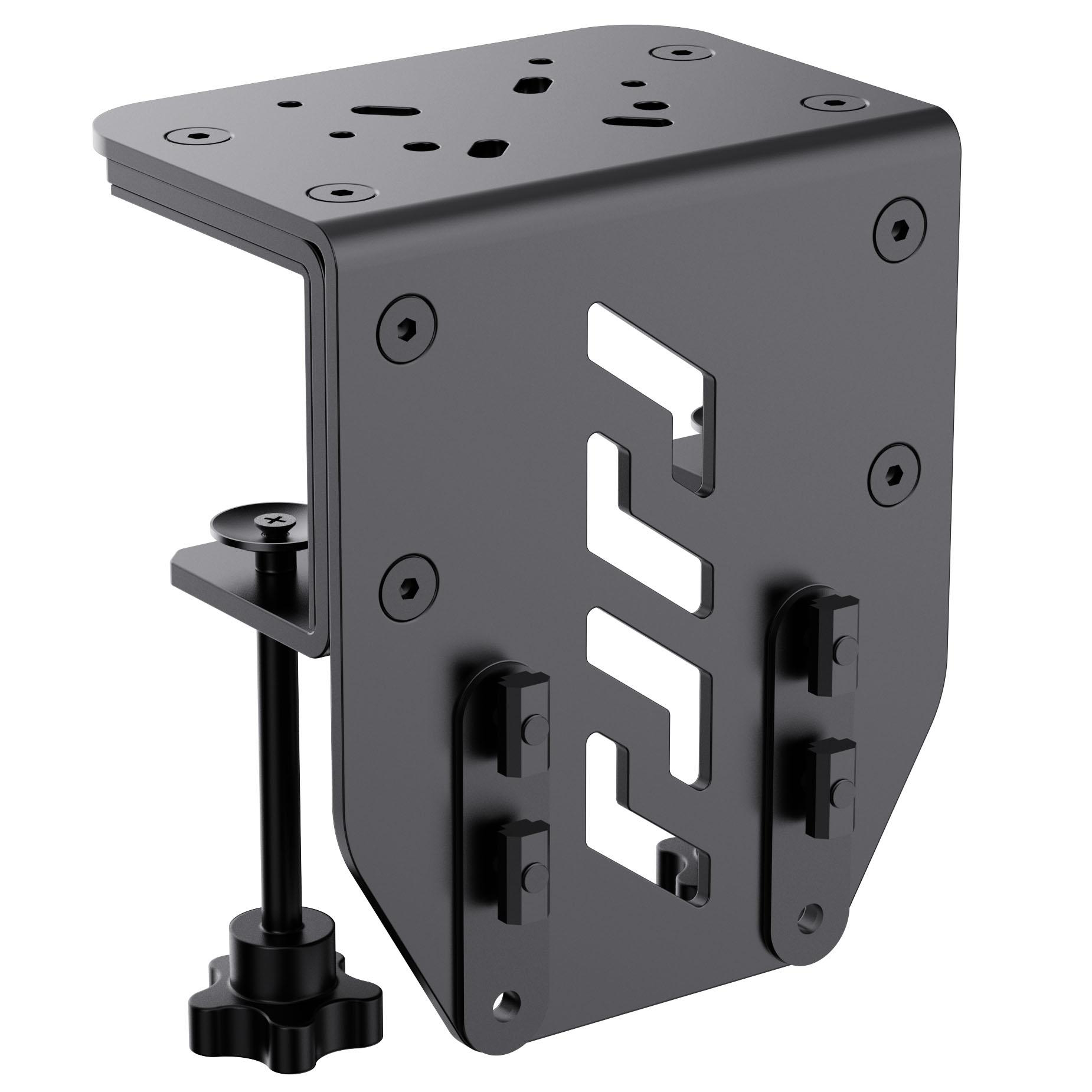 Schwarze Metallhalterung mit Befestigungskomponenten und Einstellschraube. Es hat mehrere Löcher und Schlitze.