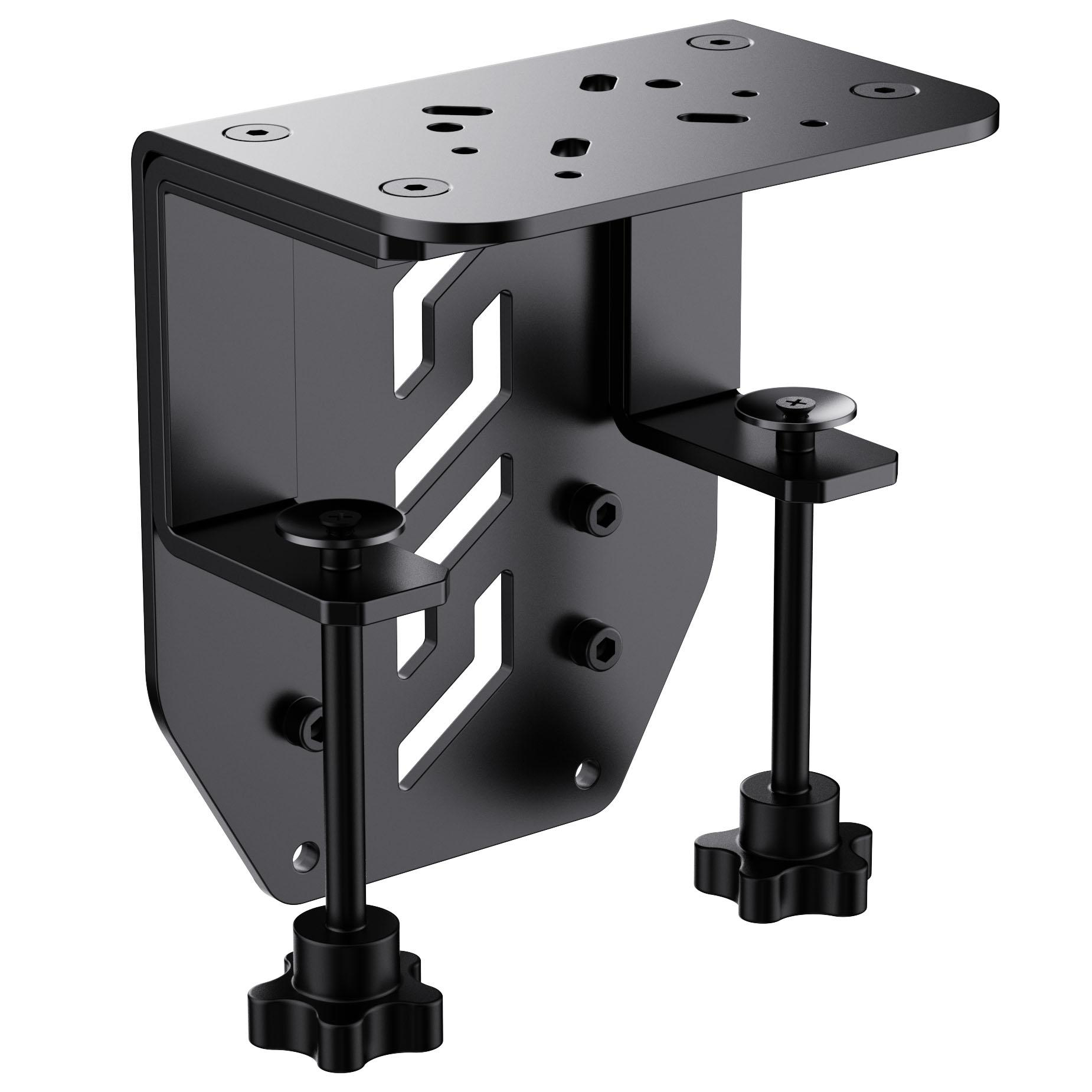 Eine schwarze Metallhalterung mit verstellbaren Knöpfen und verschiedenen Löchern. Es dient zur Montage.