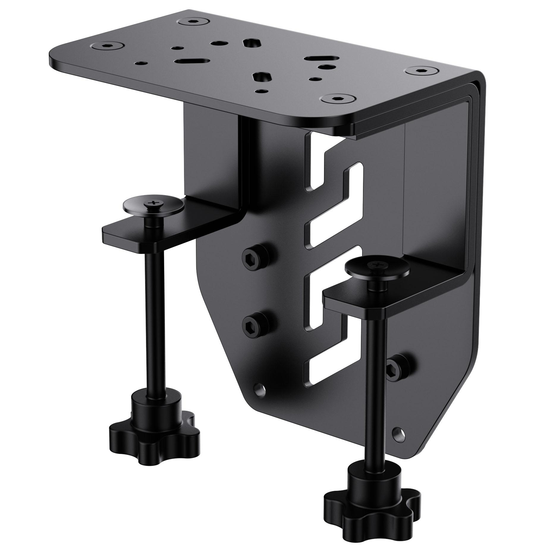 Schwarze Metallhalterung mit Befestigungslöchern, zwei verstellbaren Knöpfen und einer flachen Oberseite.