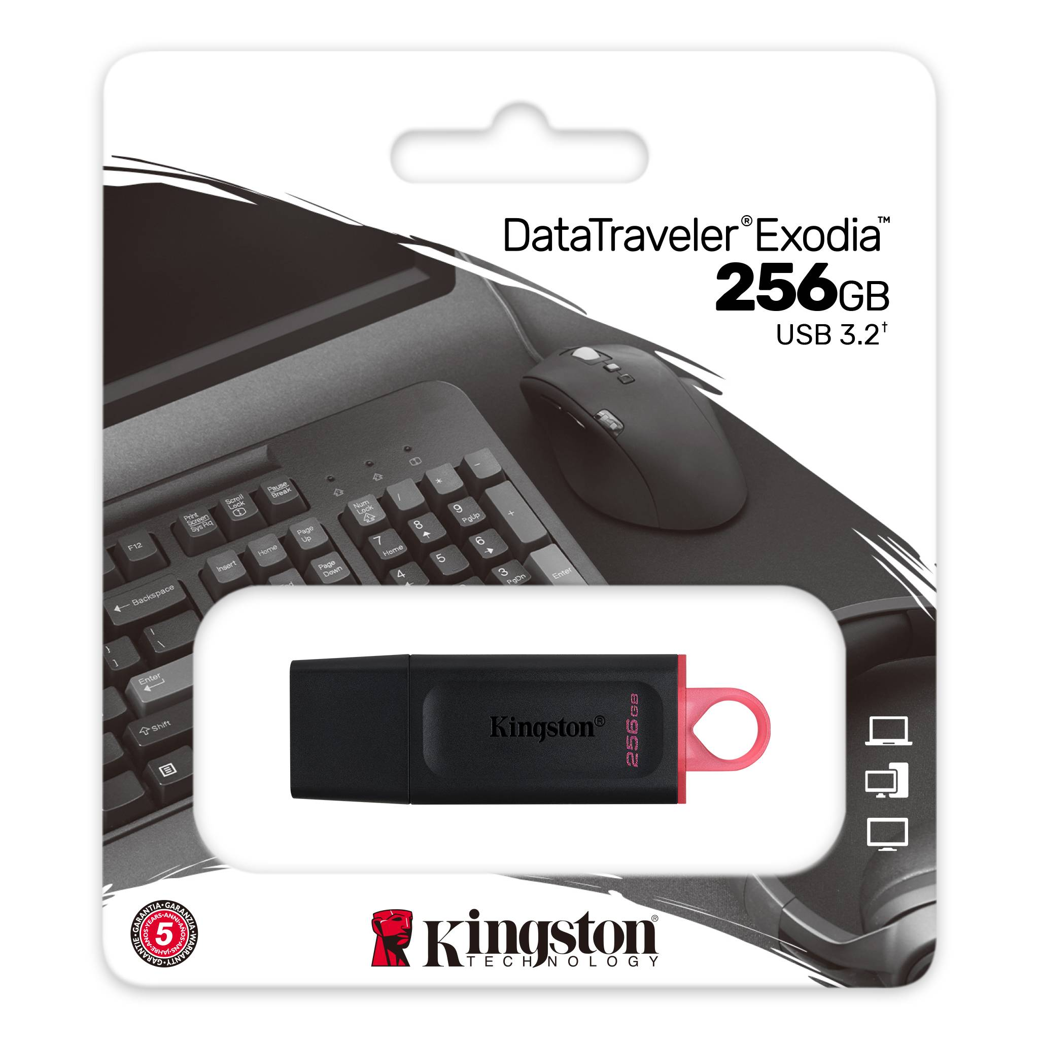 Bir Kingston DataTraveler Exodia 256 GB USB sürücüsü, bir klavye ve fare ile birlikte, bir ürün paketinde gösteriliyor.
