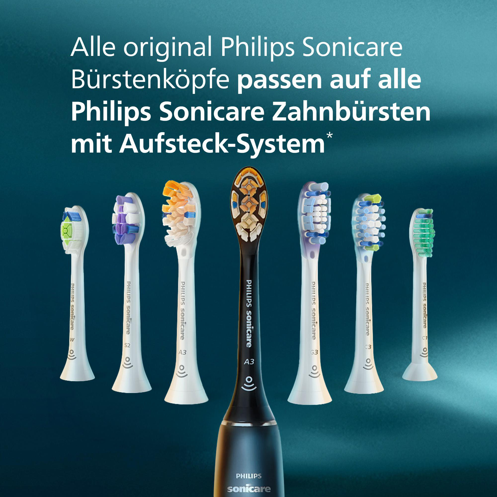Das Bild zeigt verschiedene Philips Sonicare-Zahnbürstenköpfe. Text besagt, dass sie auf alle Sonicare-Zahnbürsten passen.