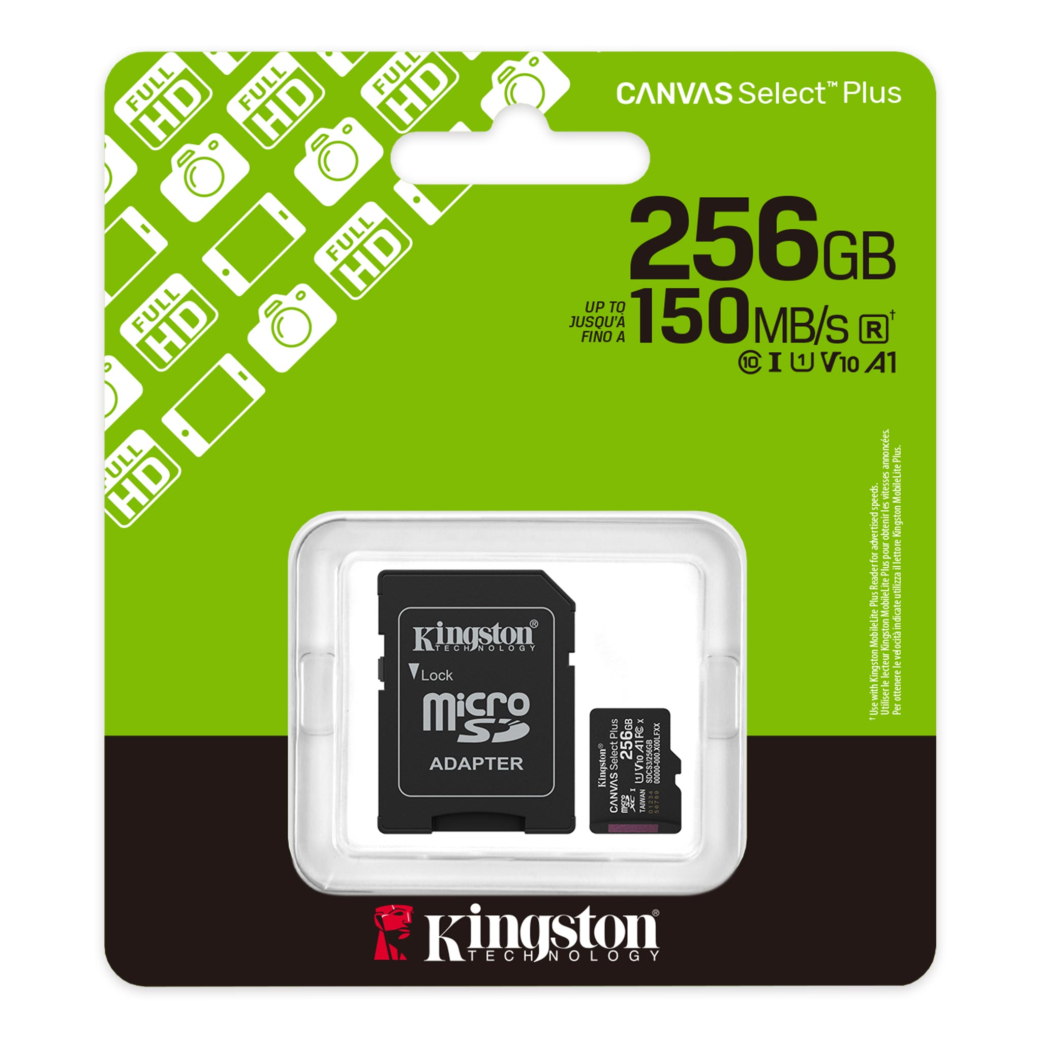 Bir Kingston Canvas Select Plus SD kart paketi. Beyaz simgeler ve siyah metin ile yeşildir ve şeffaf bir plastik pencereye sahiptir.