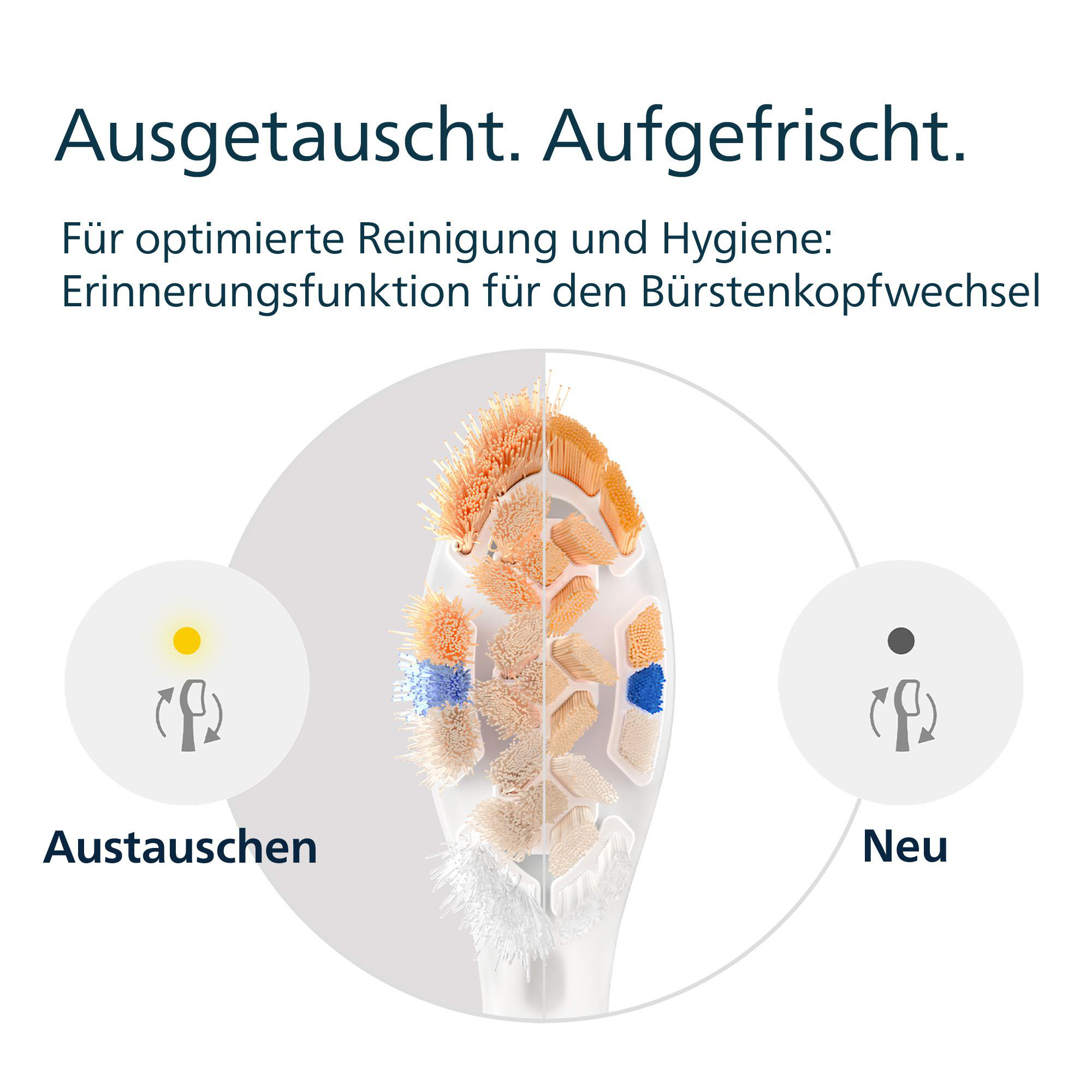 Das Bild zeigt einen Zahnbürstenkopf mit Text, der einen Austausch vorschlägt. Der Bürstenkopf ist geteilt, mit 'Austauschen' und 'Neu'.