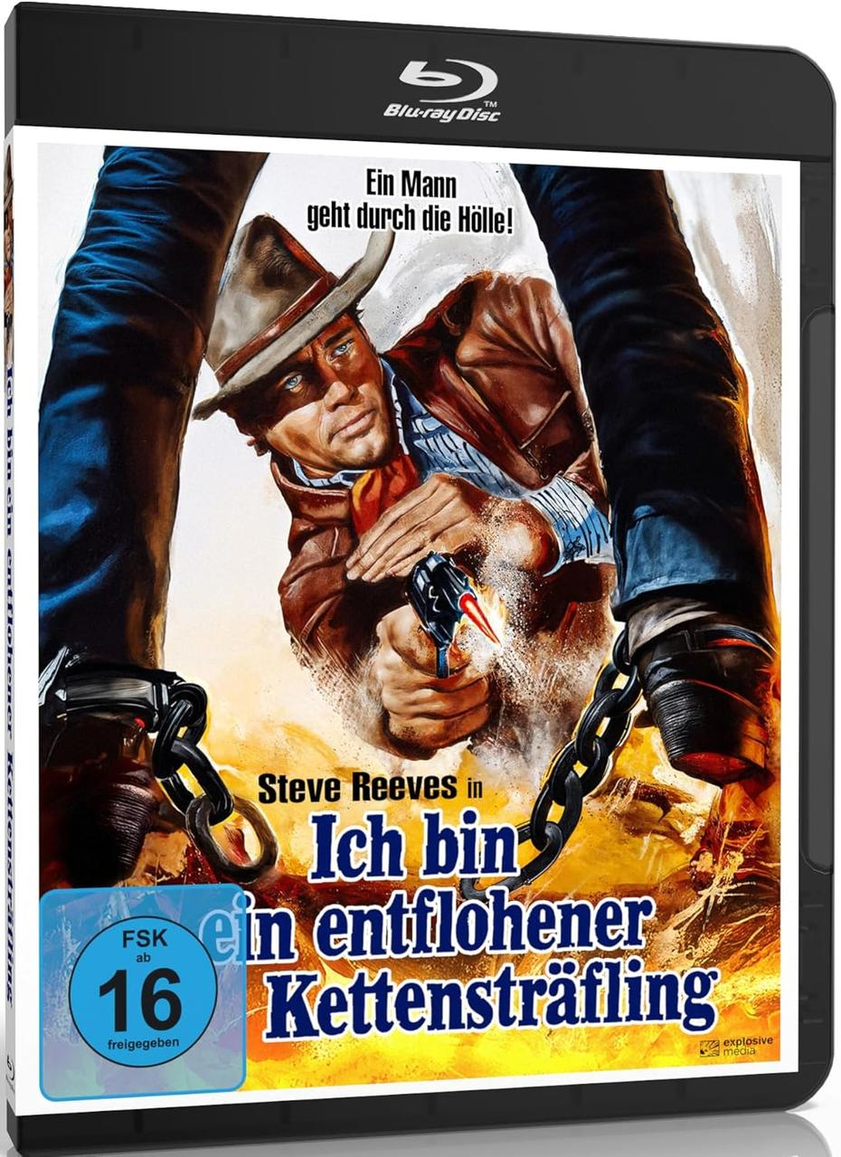 Blu-ray Disc-Cover eines Mannes mit einer Waffe, in einem Cowboyhut. Ketten und Text auf Deutsch. Titel: 'Ich bin ein entflohener Kettensträfling'.