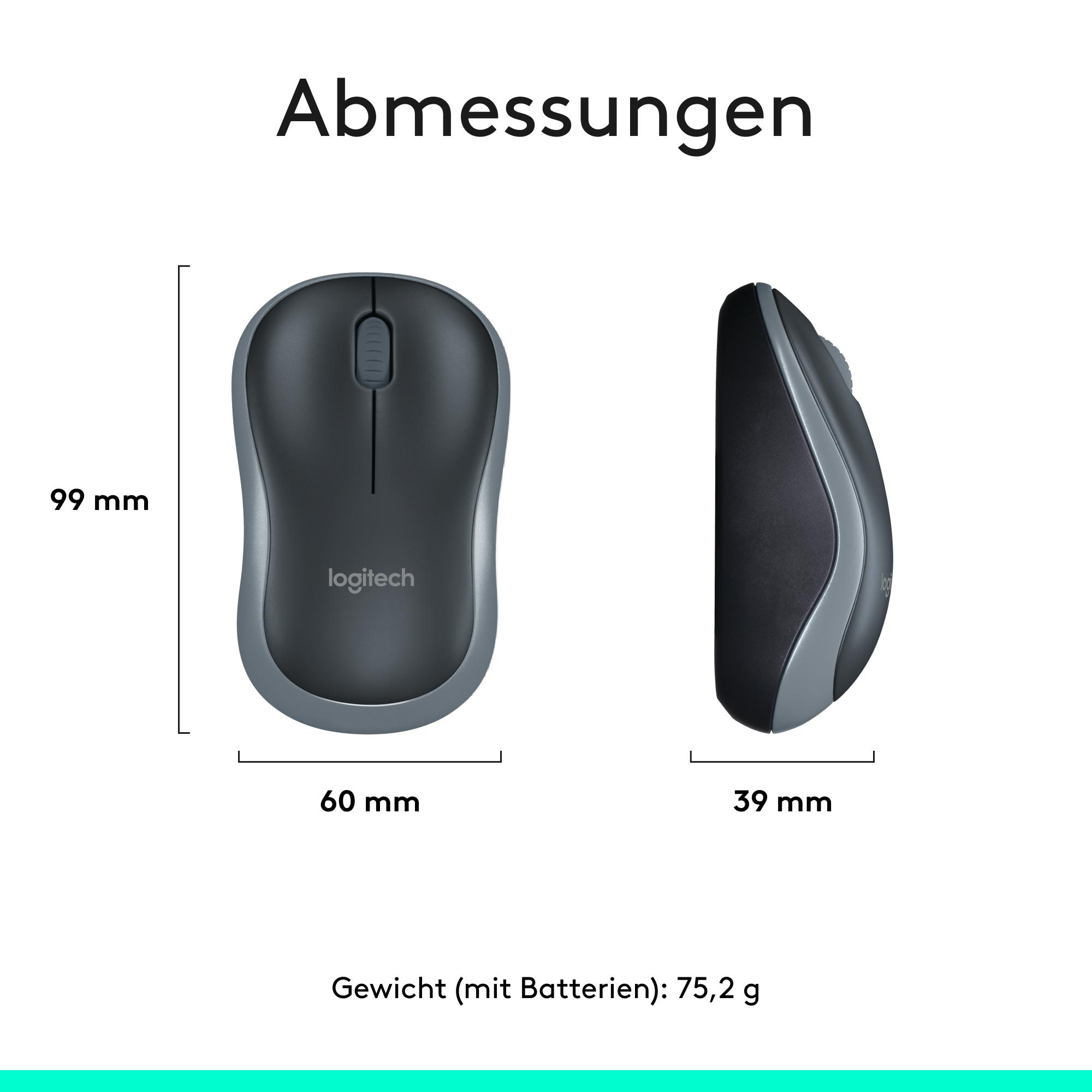 Das Bild zeigt eine Logitech-Maus mit Abmessungen und Gewichtsangaben. Die Maus ist dunkelgrau mit hellgrauer Umrandung. Maße werden angezeigt.