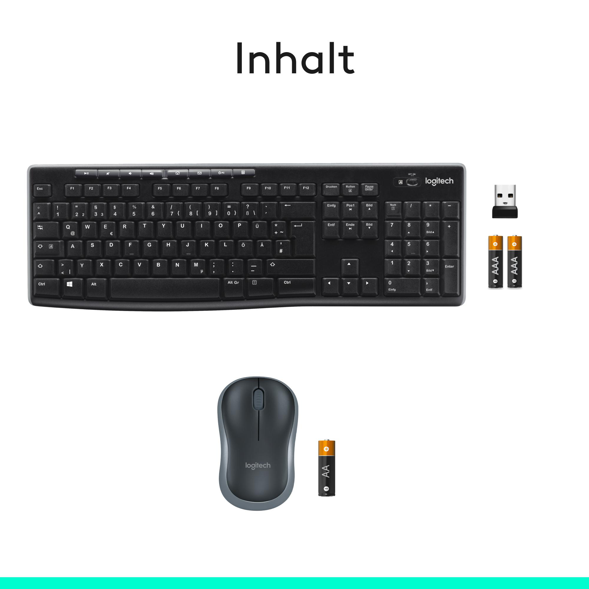 Eine schwarze Logitech-Tastatur, Maus, USB-Empfänger und Batterien auf weißem Untergrund.