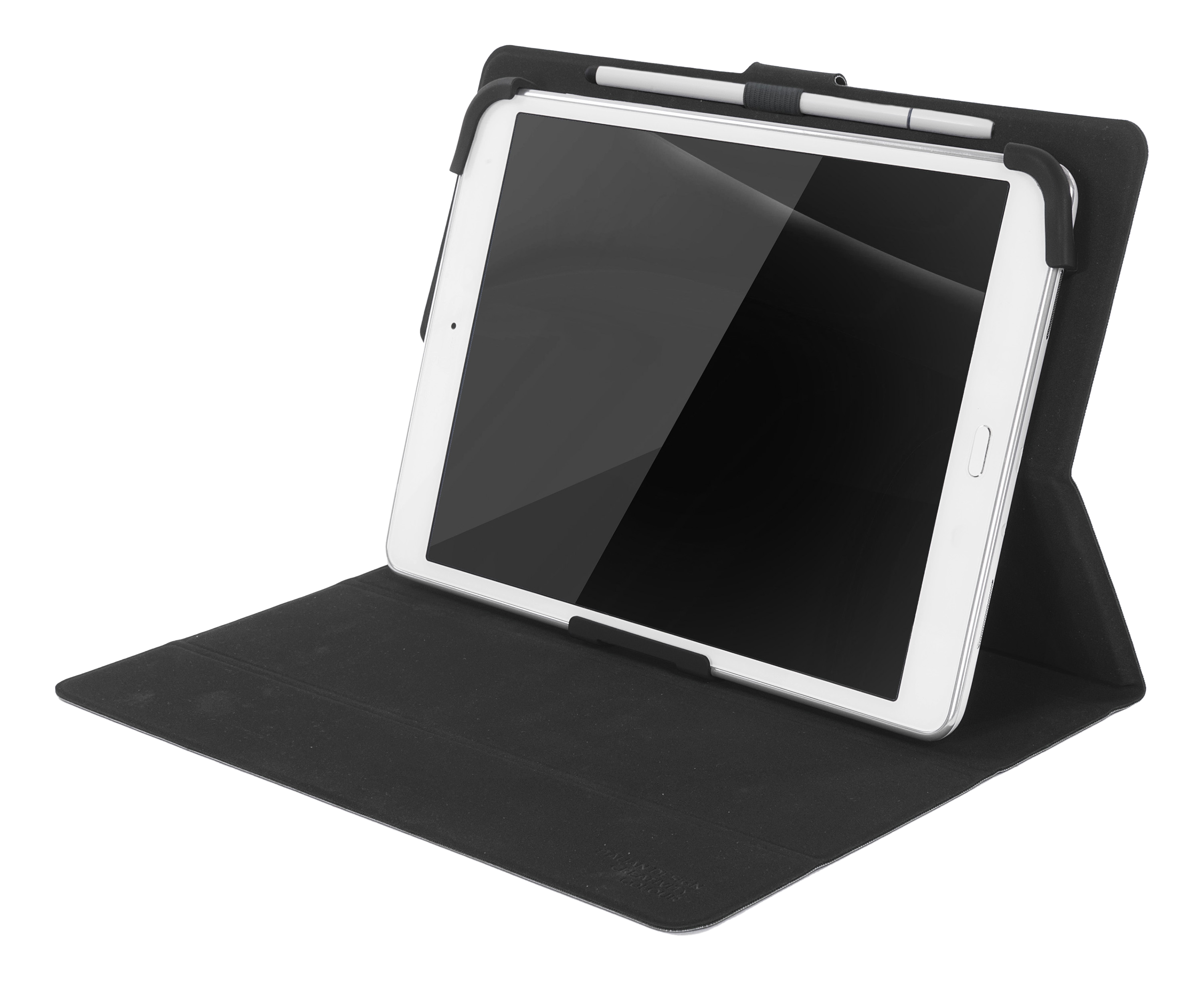 Tablet in schwarzem Etui, mit Stift. Der Bildschirm ist schwarz. Der Koffer ist auf schwarzem Hintergrund geöffnet.