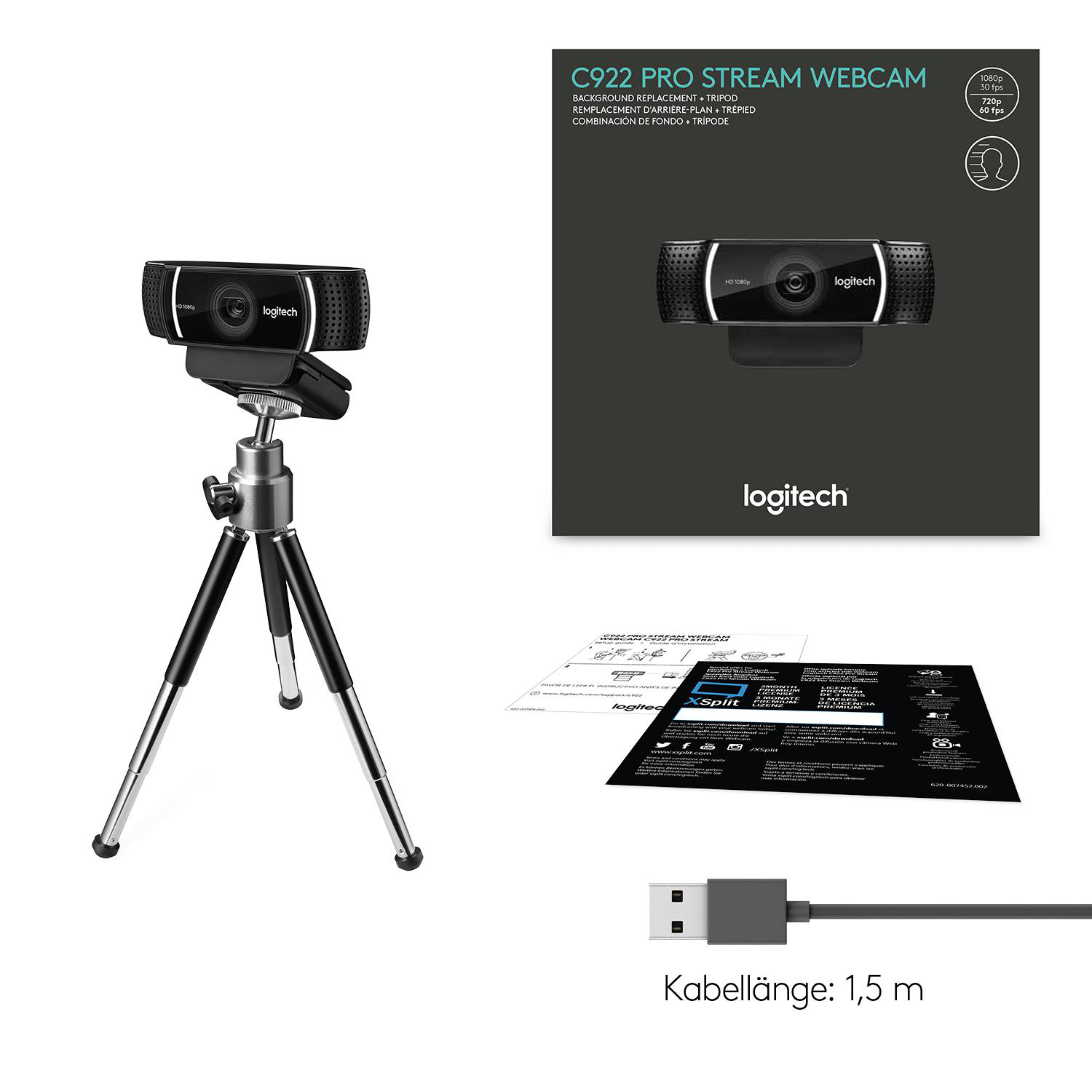 Eine Logitech C922 Pro Stream Webcam mit Stativ und Zubehör, einschließlich USB-Kabel und Dokumentation.