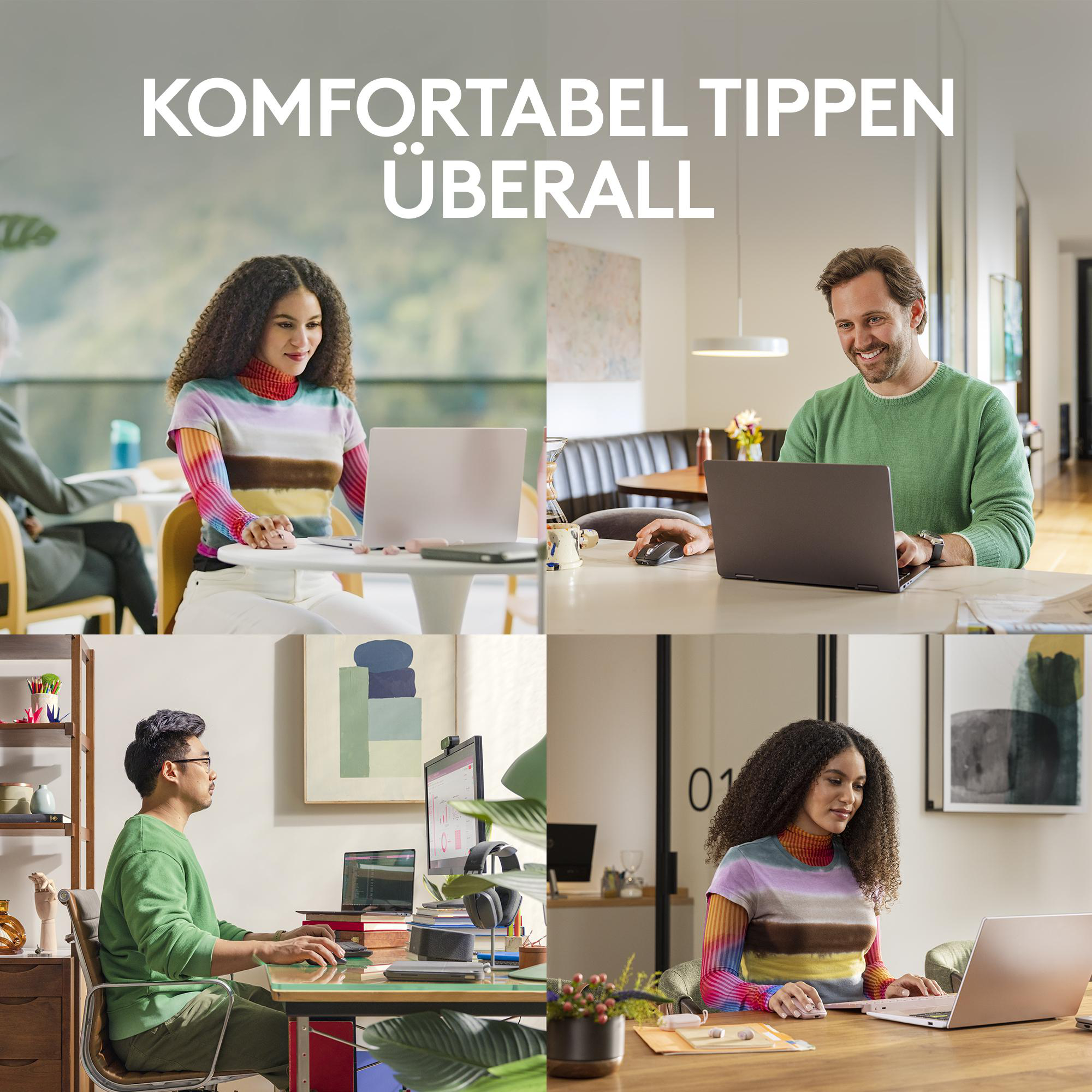 Vier Personen, die Laptops in verschiedenen Umgebungen benutzen. Oben steht: Bequemes Tippen überall.