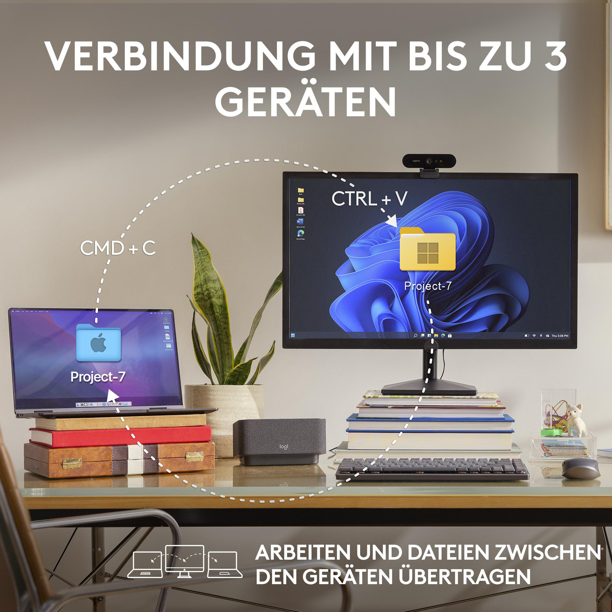 Ein Schreibtisch mit Laptop, Monitor und Lautsprecher. Text zeigt die Verbindung von bis zu 3 Geräten und Dateiübertragung.
