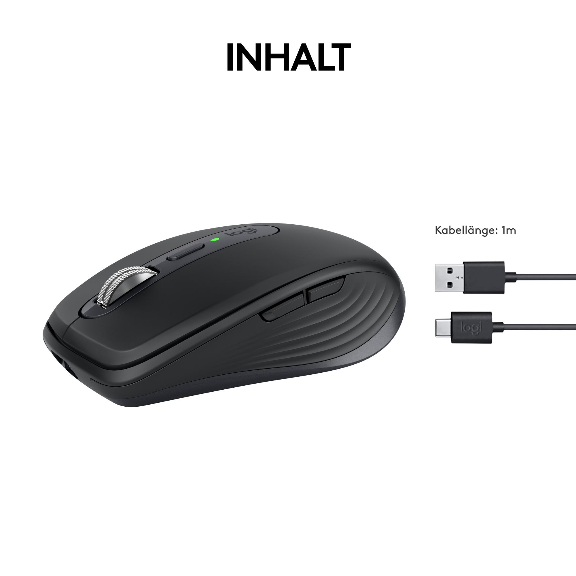 Schwarze Logitech-Maus mit Scrollrad und Tasten. USB-A- und USB-C-Kabel sind abgebildet. Text: Inhalt.