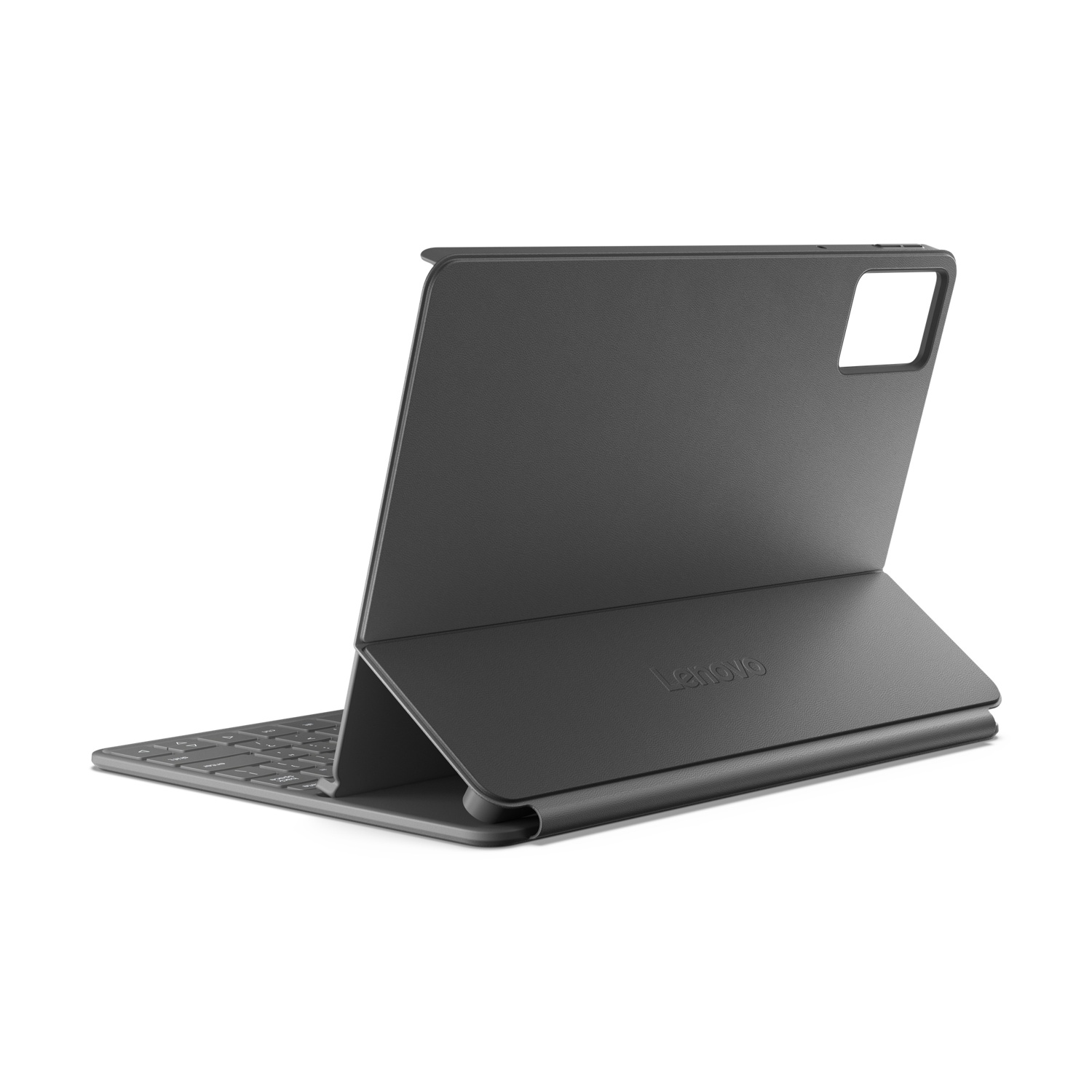 Un tablet Lenovo grigio con custodia per tastiera è esposto su sfondo bianco. Il tablet è leggermente aperto, mostrando la tastiera.