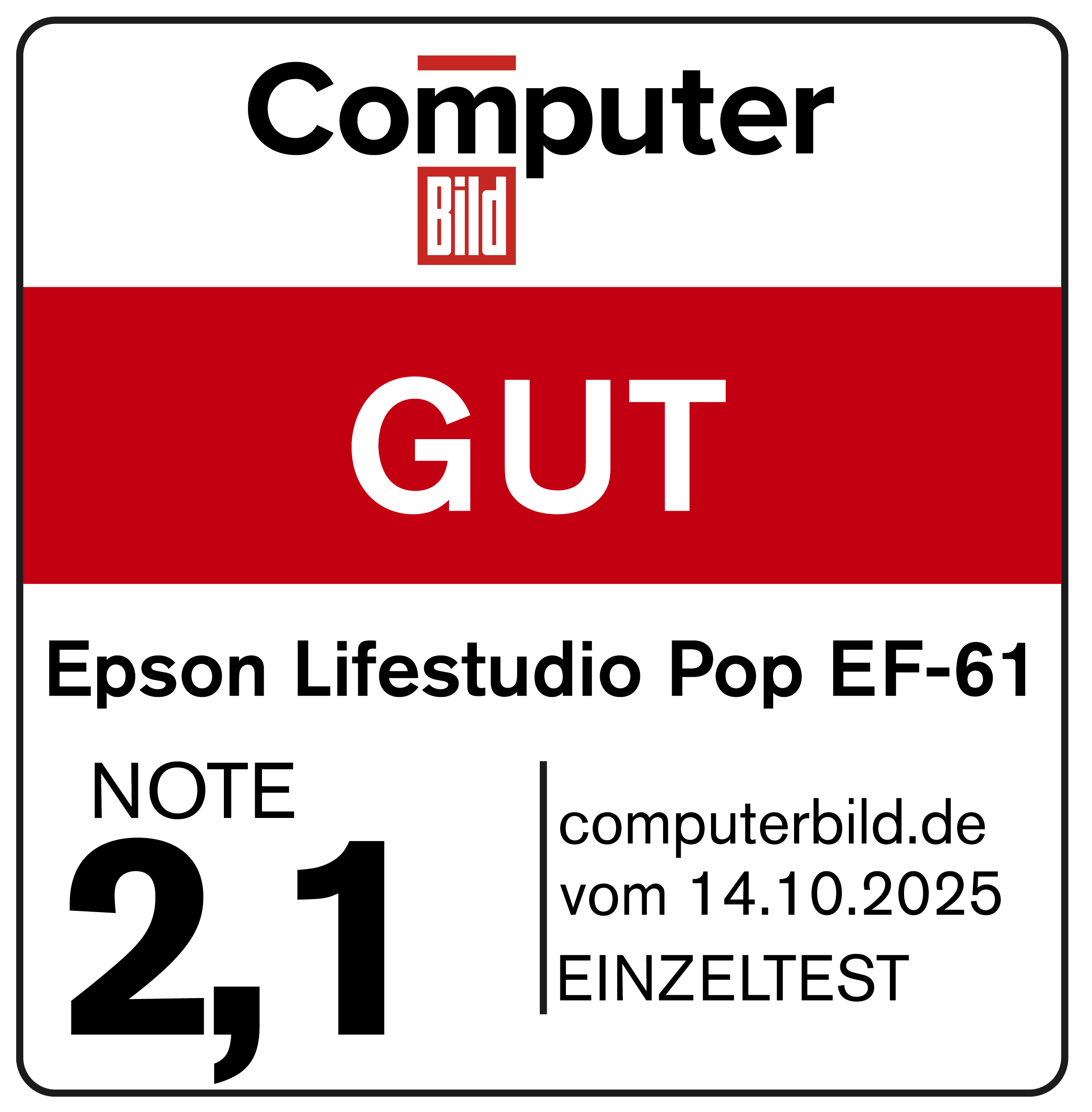 Das Bild ist ein Computer Bild-Test. Es zeigt die Note 2,1, das Wort GUT und Epson Lifestudio Pop EF-61.
