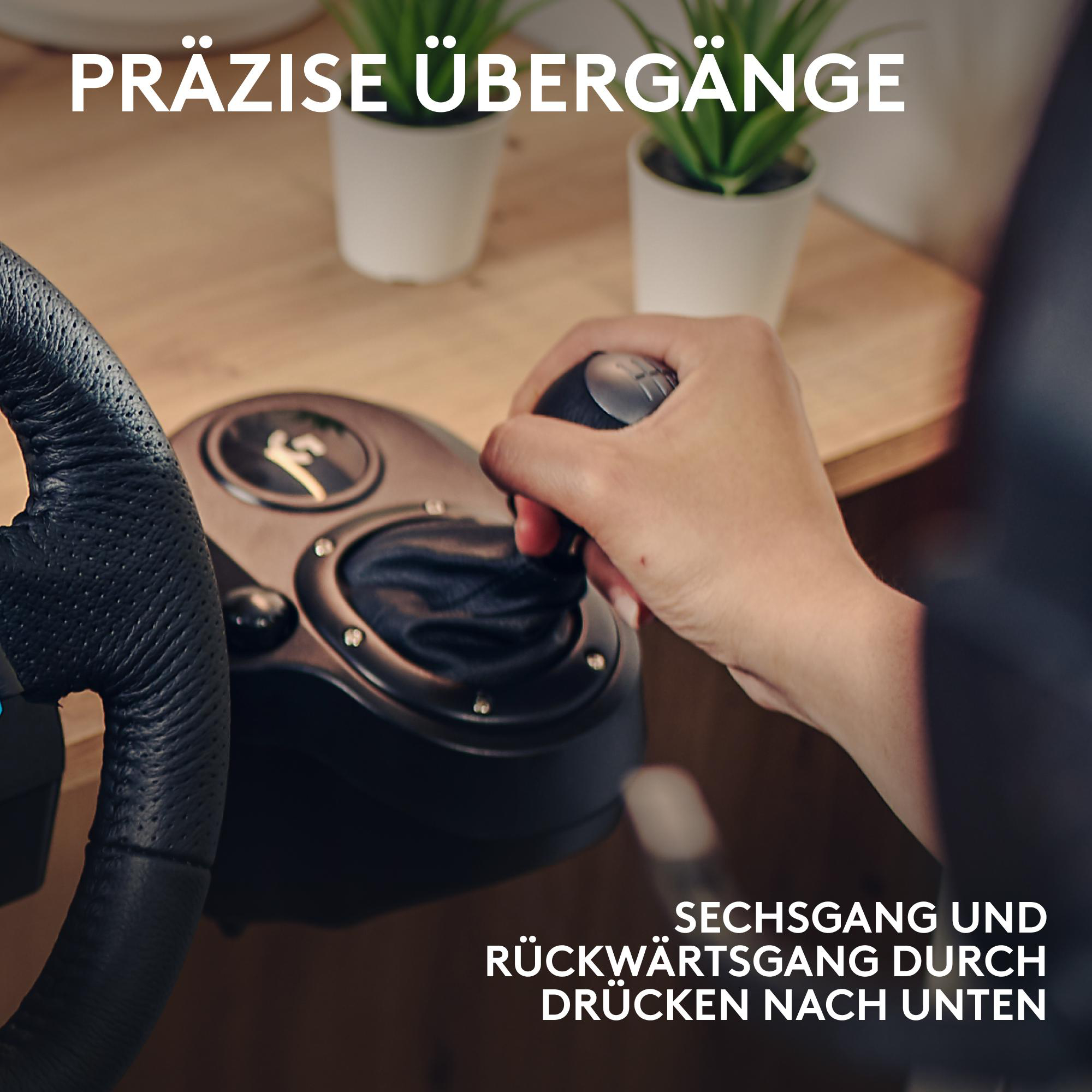 Hand am Schalthebel. Lenkrad im Blick. Zwei kleine Topfpflanzen im Hintergrund. Text oben und unten.