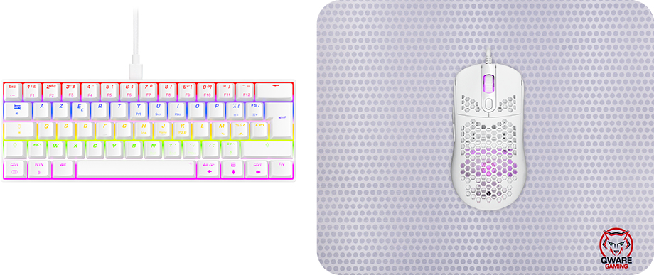 A white keyboard and mouse on a mousepad. The keyboard has colorful keys. The mouse has a honeycomb design.