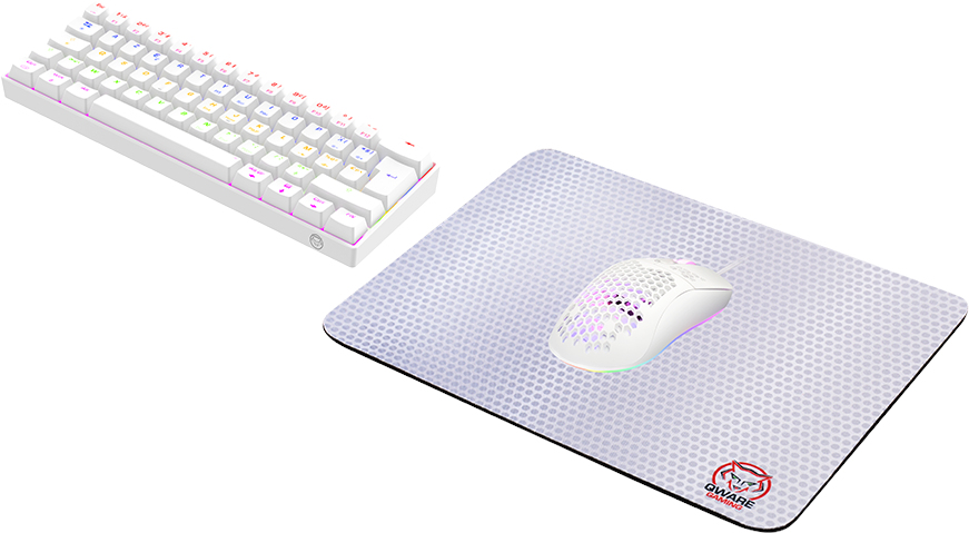 A white keyboard, mouse, and mousepad. The keyboard is on the left. The mouse is on the mousepad. The setup is for gaming.