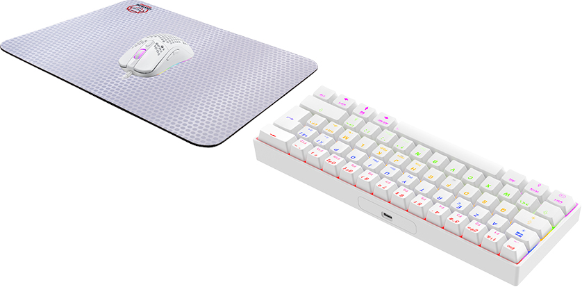 A white gaming keyboard and mouse sit on a mousepad. The keyboard has colorful, backlit keys. The mouse is also white.