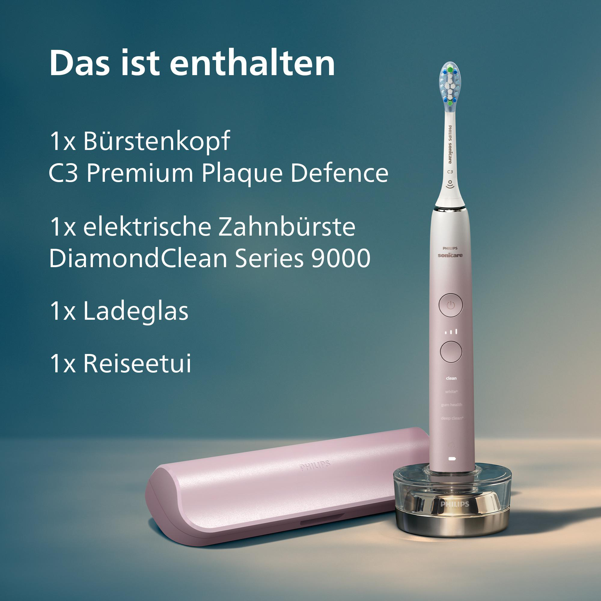 Eine rosa Philips Sonicare Zahnbürste, Ladeglas, Reiseetui und Bürstenkopf werden auf einem türkisfarbenen Hintergrund angezeigt.