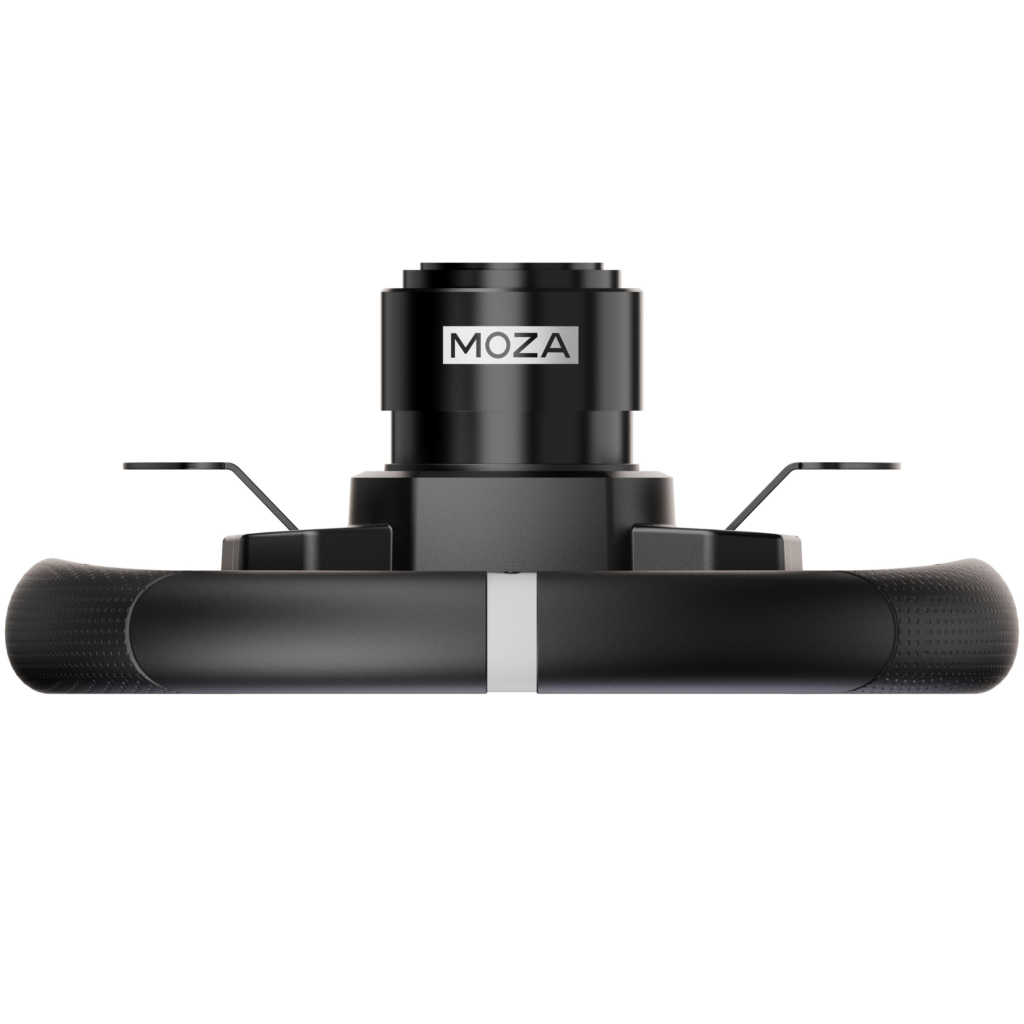 Schwarzes MOZA-Gimbal mit Griffen und weißem Streifen. MOZA-Logo ist sichtbar. Zwei kleine Metallarme ragen aus der Oberseite.