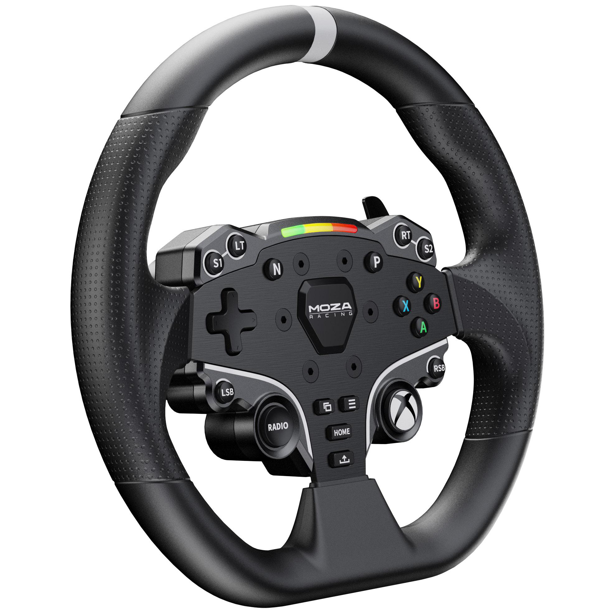 Ein schwarzes MOZA-Rennlenkrad mit Tasten, einem kleinen Bildschirm und einem strukturierten Griff. Es hat Xbox-Tasten und einen LED-Streifen.