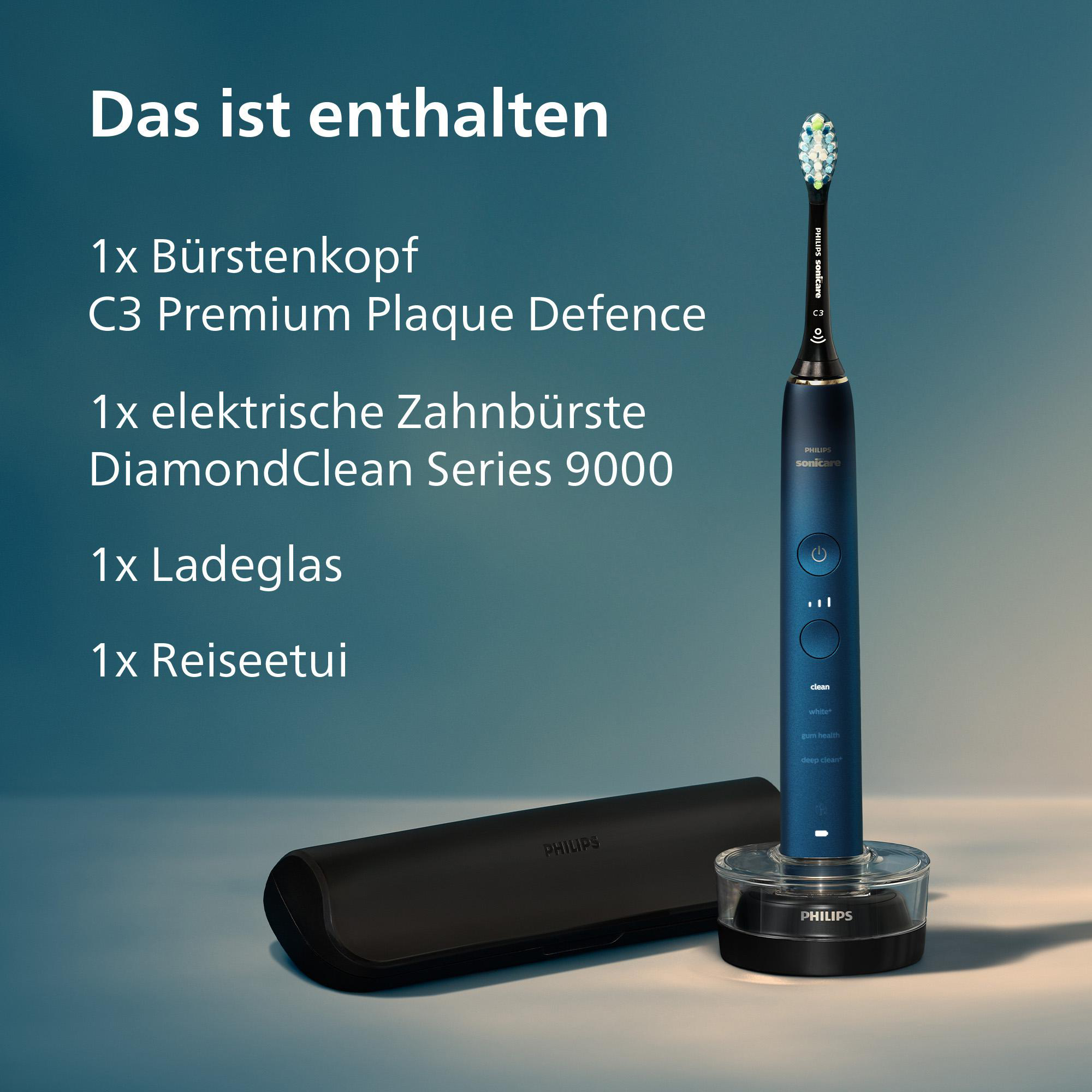 Das Bild zeigt eine elektrische Zahnbürste, ein Ladeglas, eine Reisetasche und einen Bürstenkopf. Die Zahnbürste ist blau.