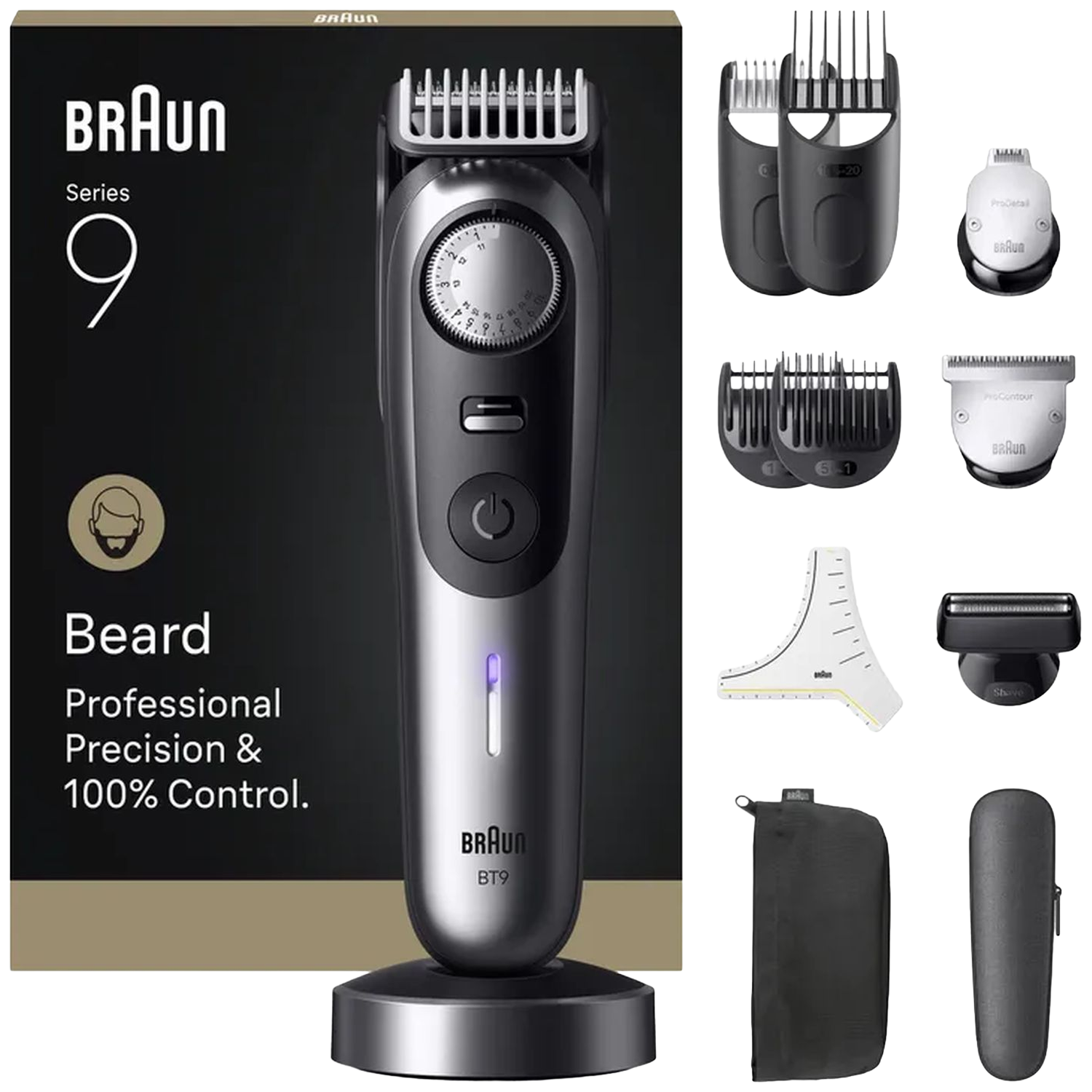 Een Braun Series 9 baardtrimmer en accessoires worden getoond. Inbegrepen zijn verschillende kamopzetstukken, een detailtrimmer en een reisetui.