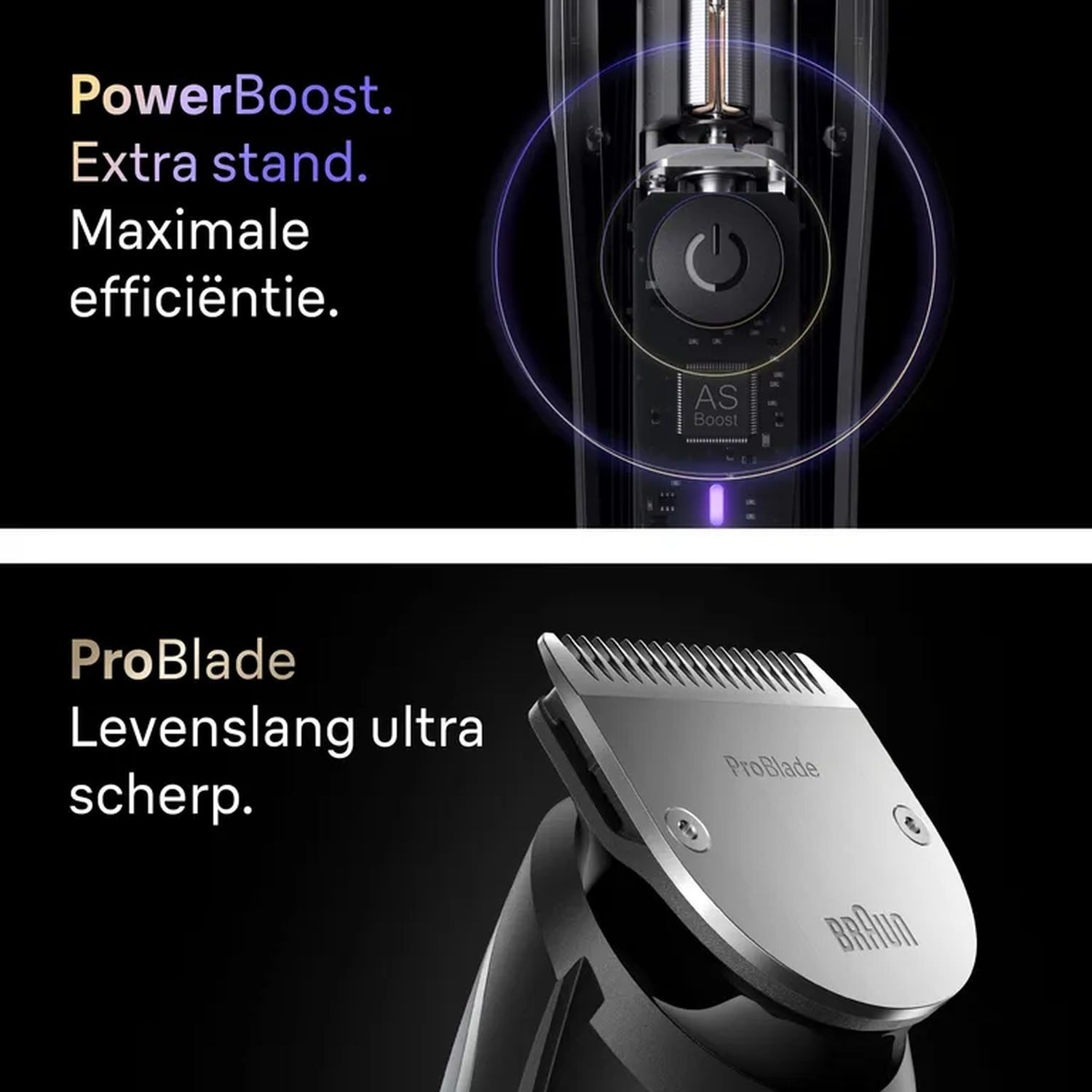 Afbeelding toont een zwarte scheerapparaat met tekst: PowerBoost, Extra stand, Maximale efficientie, ProBlade, Levenslang ultra scherp.