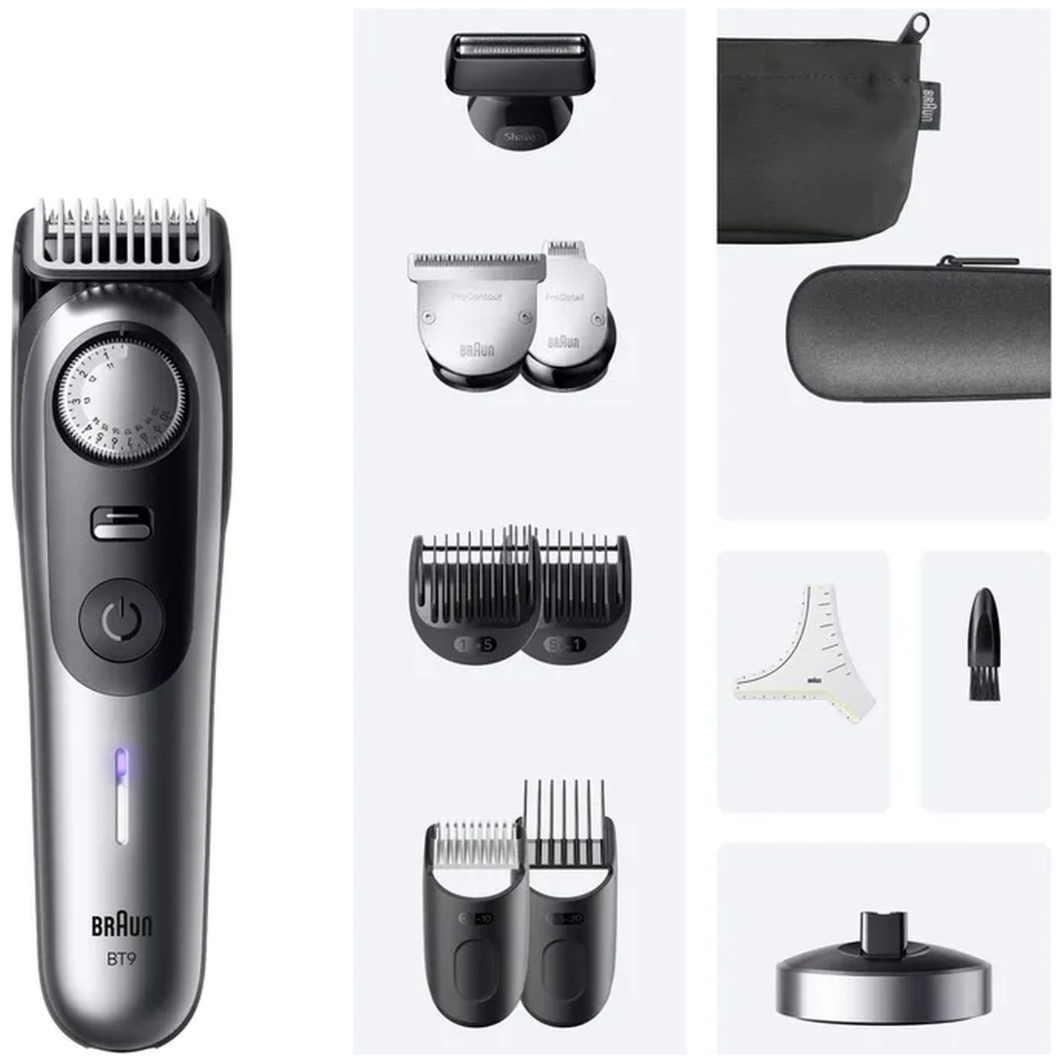 Een Braun BT9 baardtrimmer met diverse opzetstukken, waaronder kammen, mesjes, een reinigingsborstel en een opbergtas.