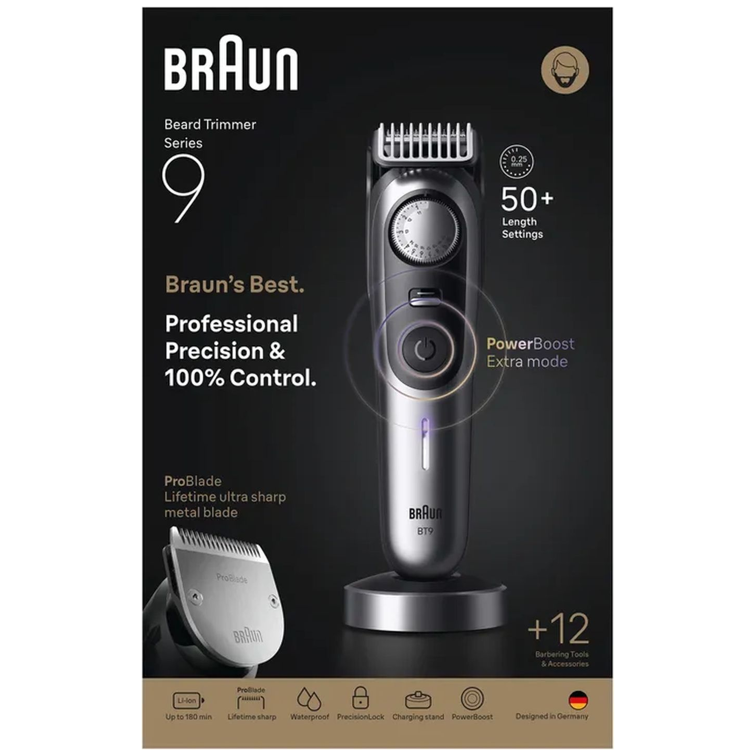 Een Braun baardtrimmer met de merknaam bovenaan. Het heeft een draaiknop, aan/uit-knop en ProBlade. De achtergrond is donkergrijs.