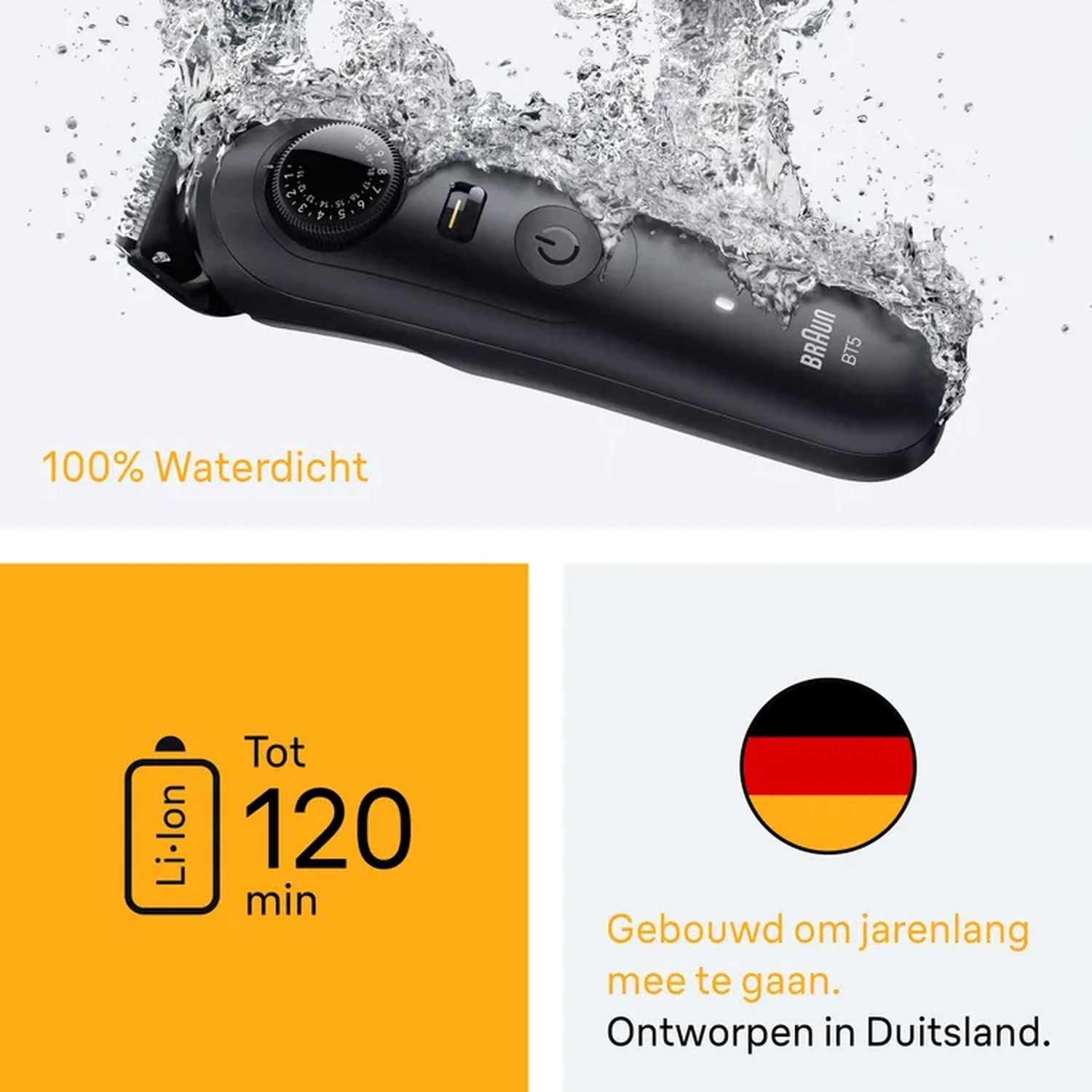 A black Braun BT5 trimmer is submerged in water. It has a dial, power button, and a battery icon. Text says '100% waterproof'.