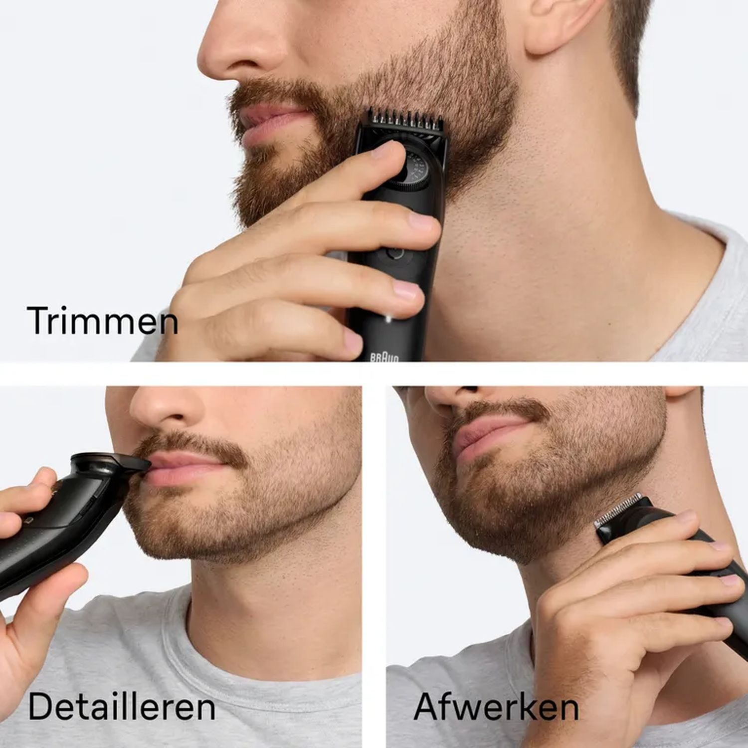 A man shaves his beard with a black trimmer. The image shows three steps: trimming, detailing, and finishing the beard.