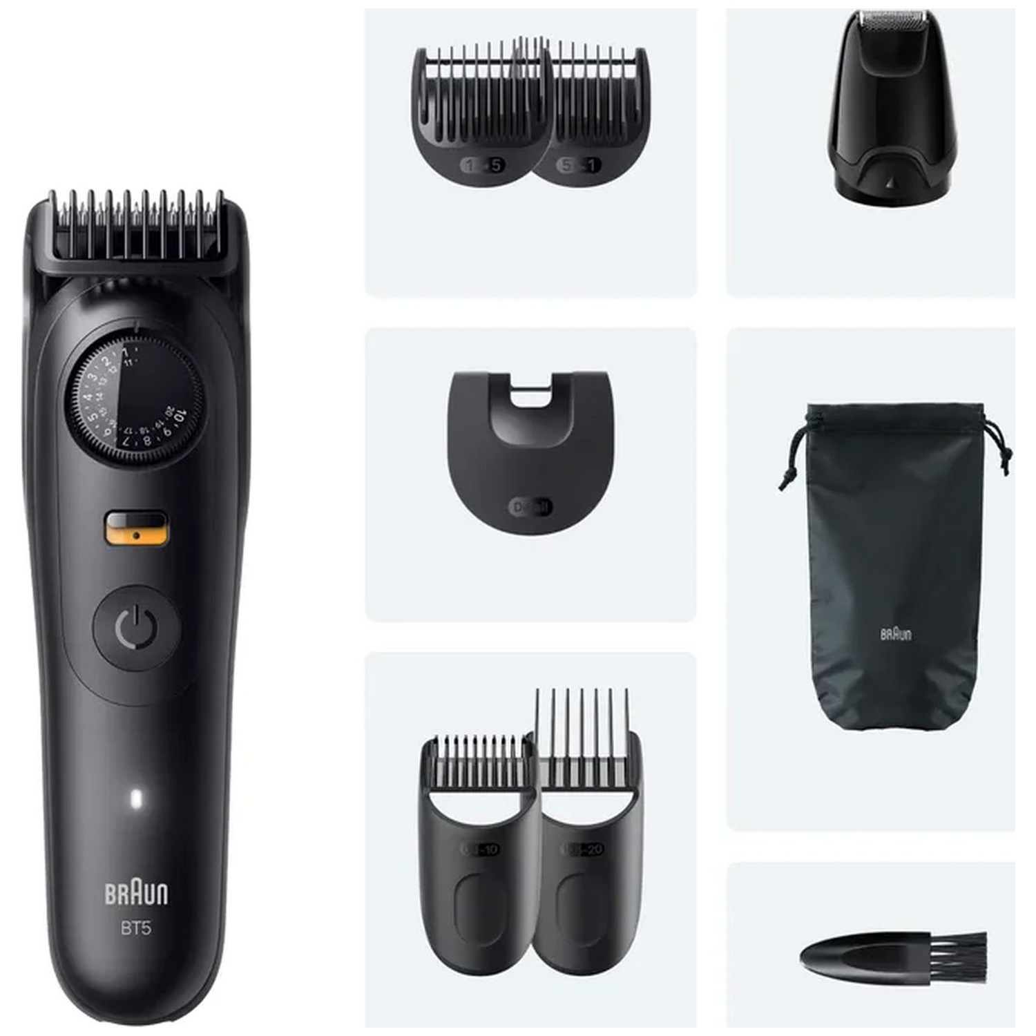A black Braun BT5 beard trimmer and attachments. Includes combs, a cleaning brush, a charging stand, and a storage bag.