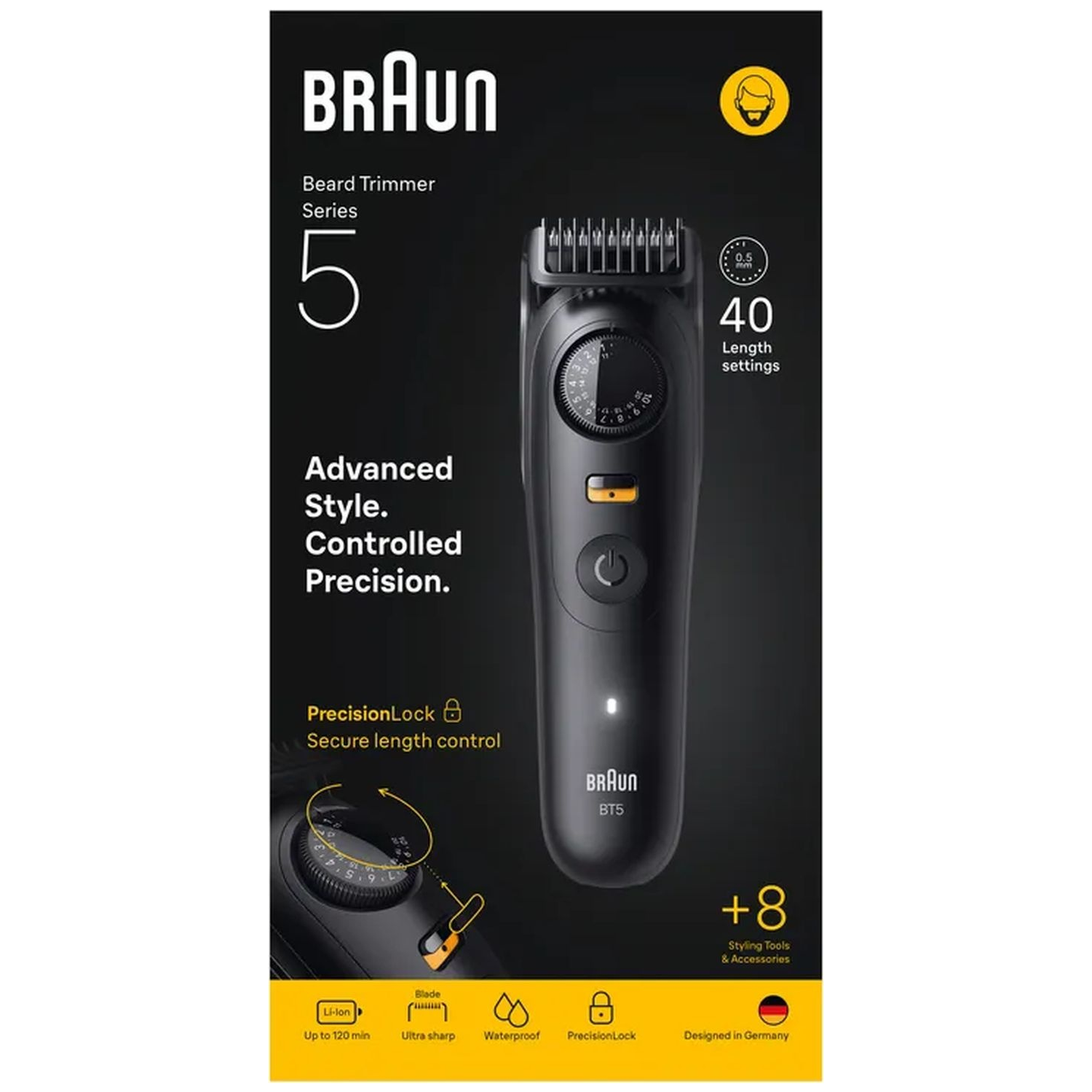 A black Braun beard trimmer is shown with features like precision lock, 40 length settings, and styling tools. The design is German.